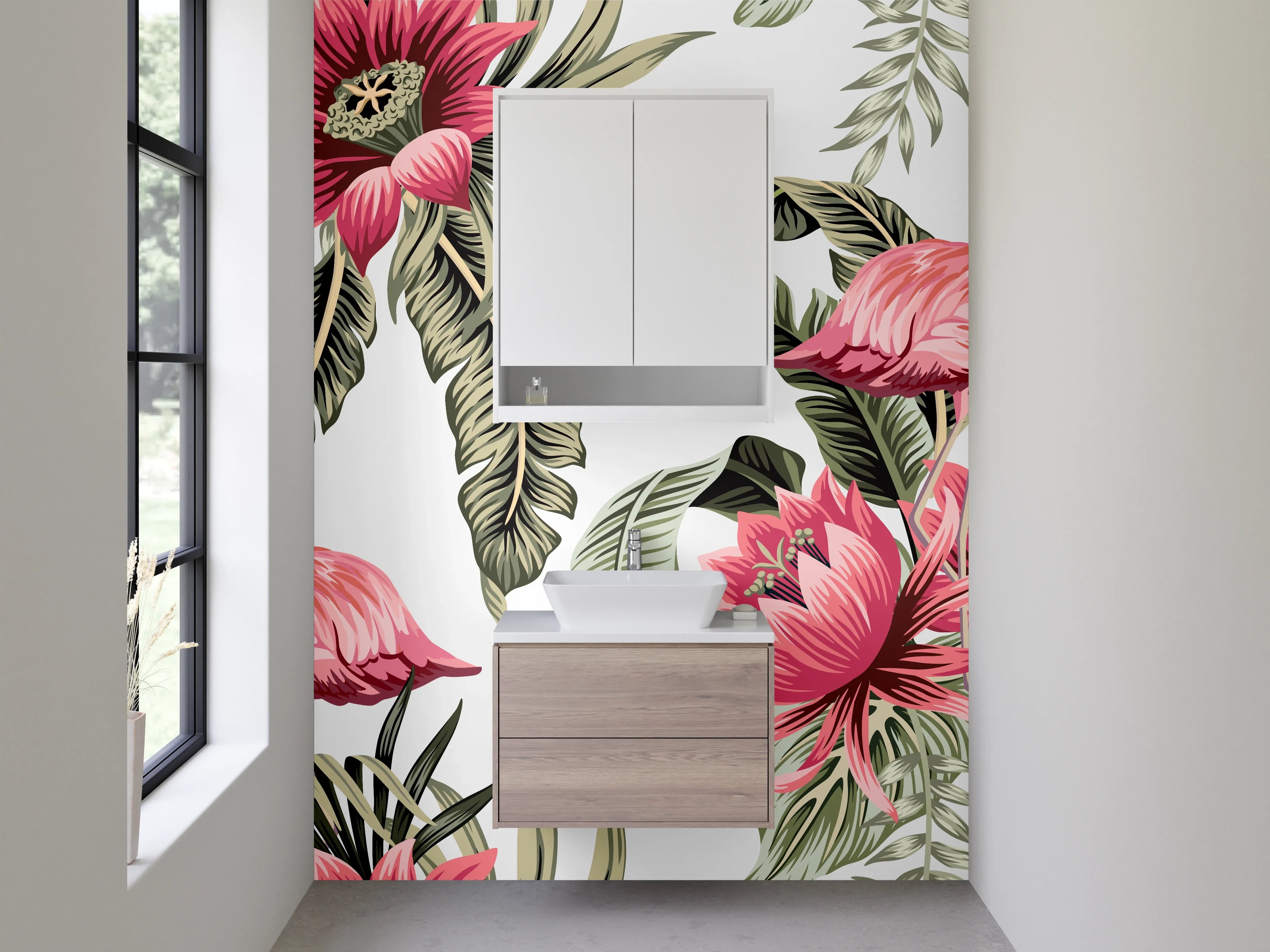 Waschbecken-Rückwand - Tropisches Flamingo-Blumen-Muster