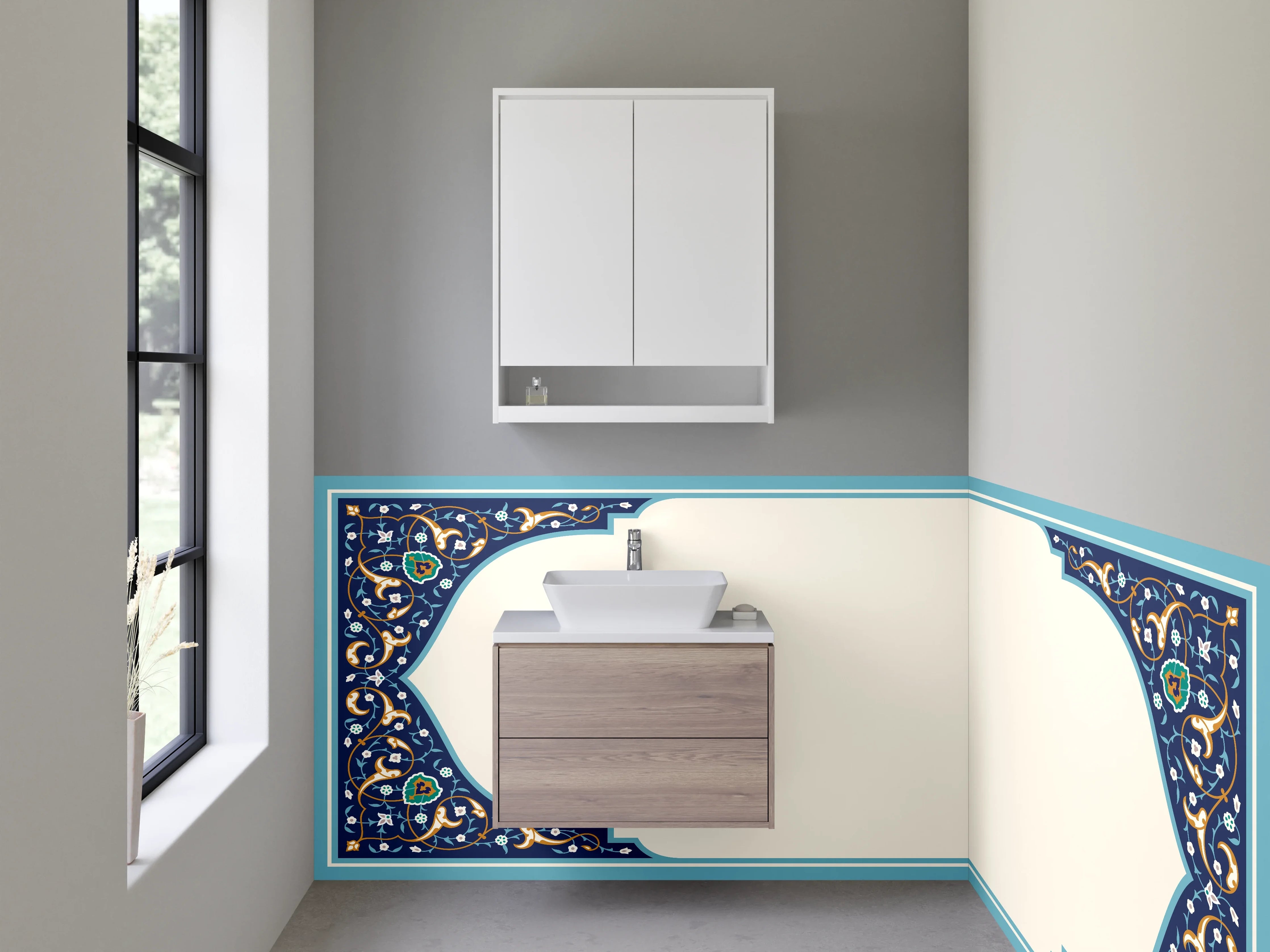 Waschbecken-Rückwand - Türkisch inspiriertes Muster mit Blau- und Goldtönen