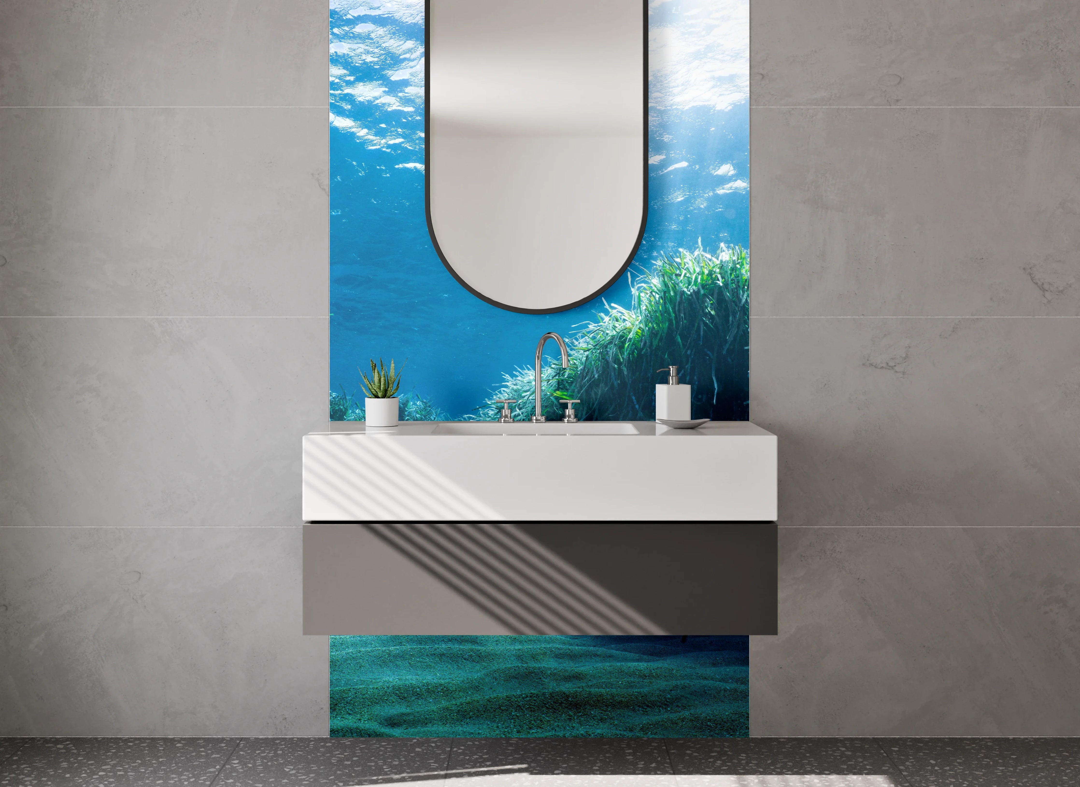 Waschbecken-Rückwand - Unterwasserpanorama mit Gräsern und Sand