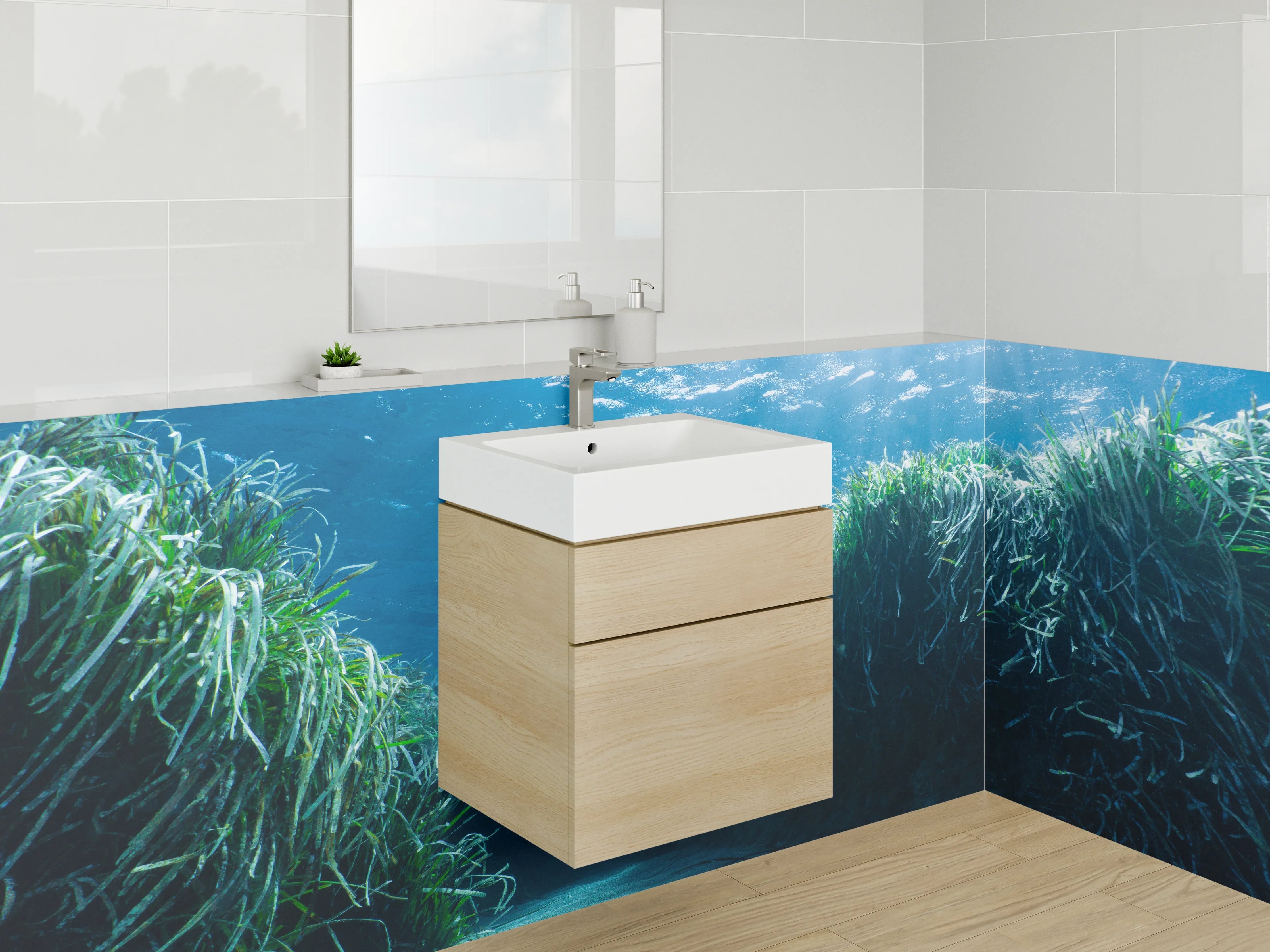 Waschbecken-Rückwand - Unterwasserpanorama mit Gräsern und Sand