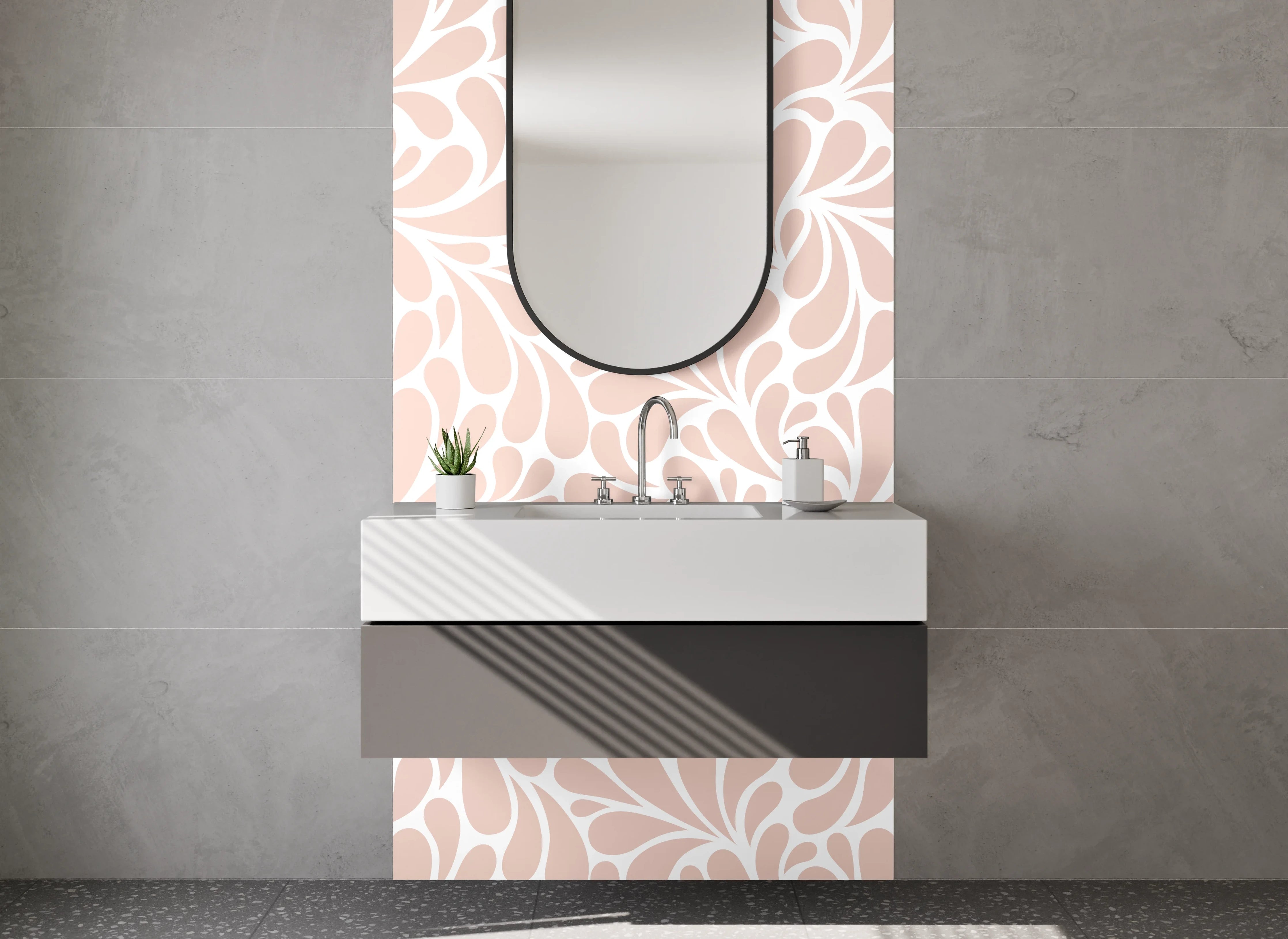 Waschbecken-Rückwand - Verspieltes Blätter-Muster Rosa Weiß