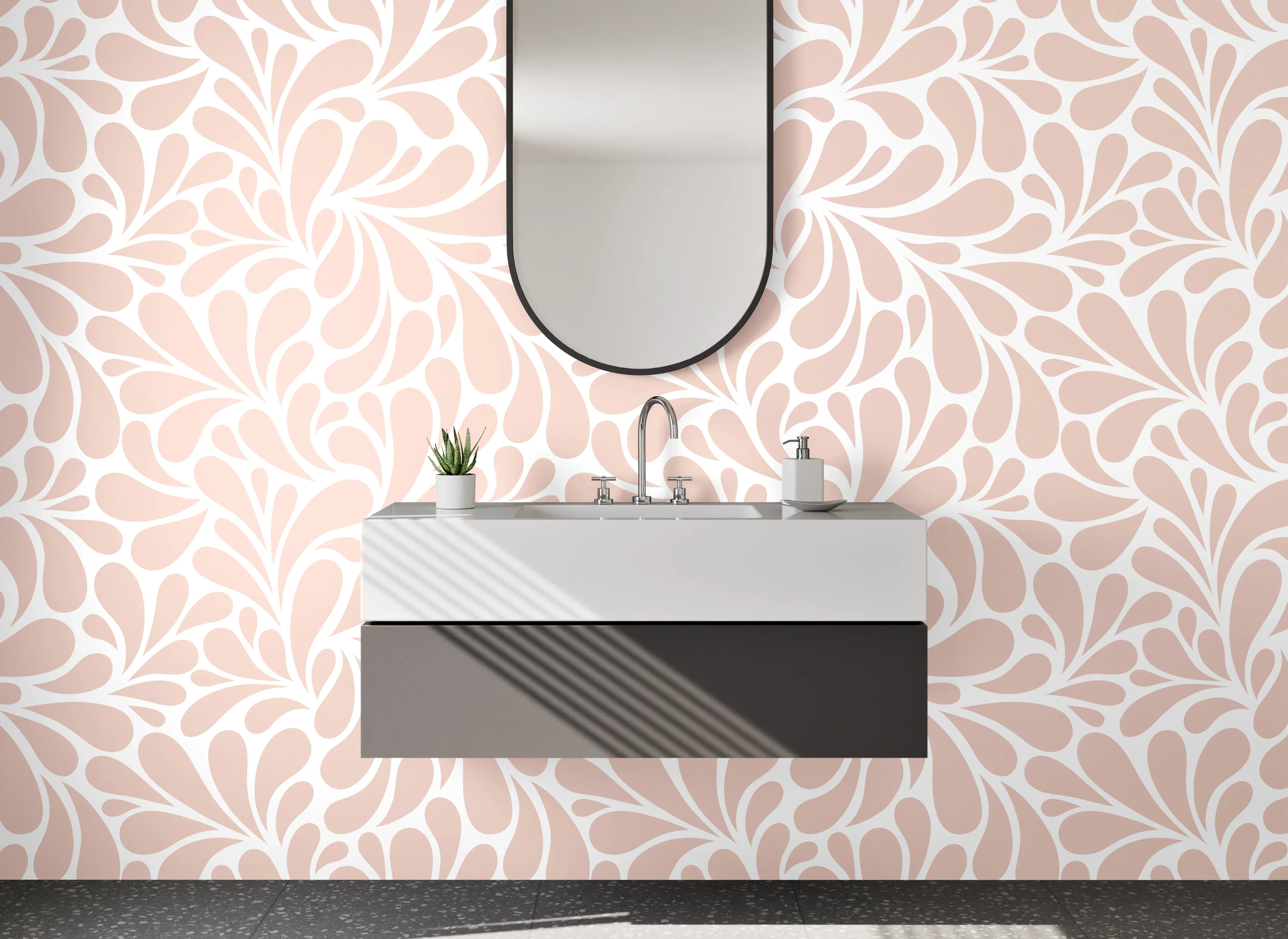 Waschbecken-Rückwand - Verspieltes Blätter-Muster Rosa Weiß