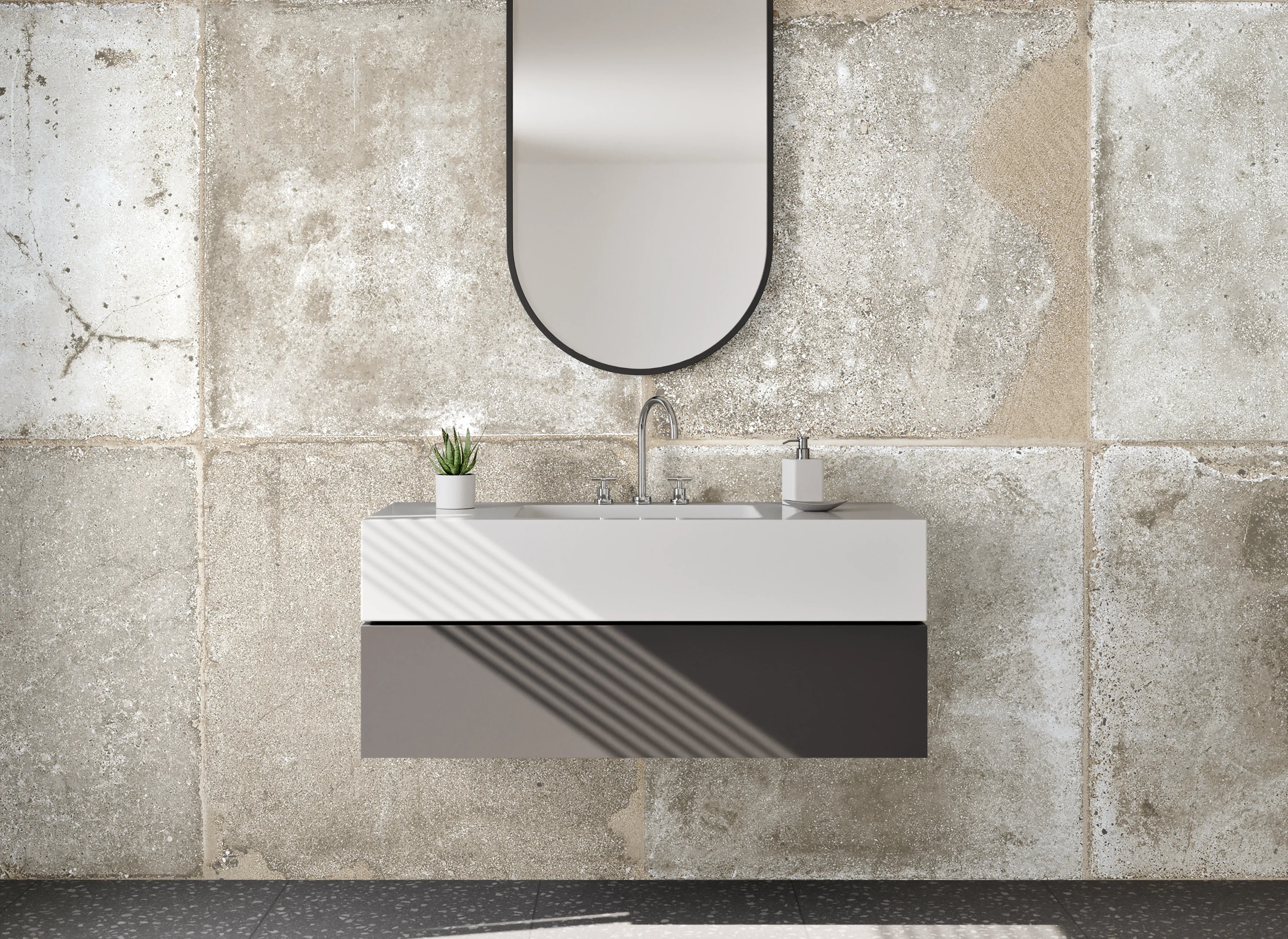 Waschbecken-Rückwand - Vintage Beton Fliesenoptik Weiß-Grau