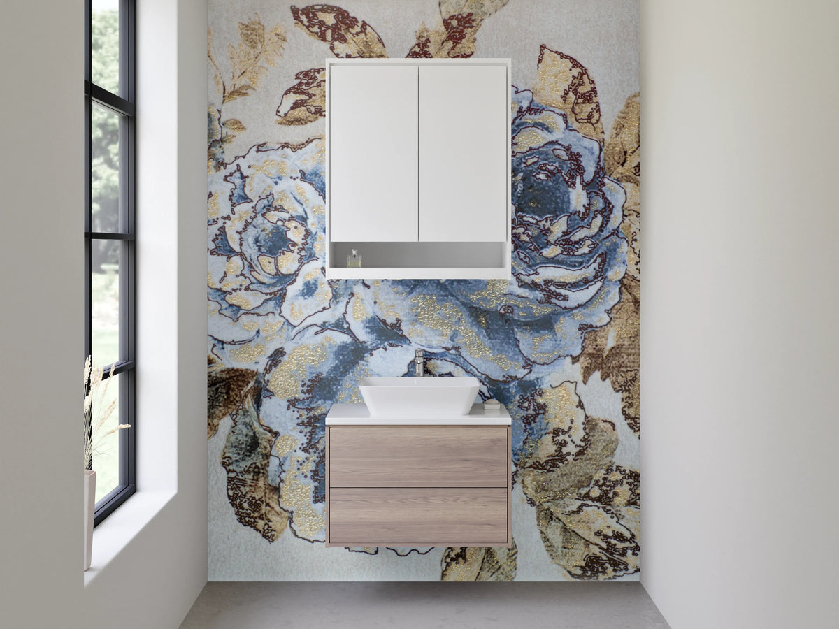 Waschbecken-Rückwand - Vintage Blumen Tapete Blau Beige