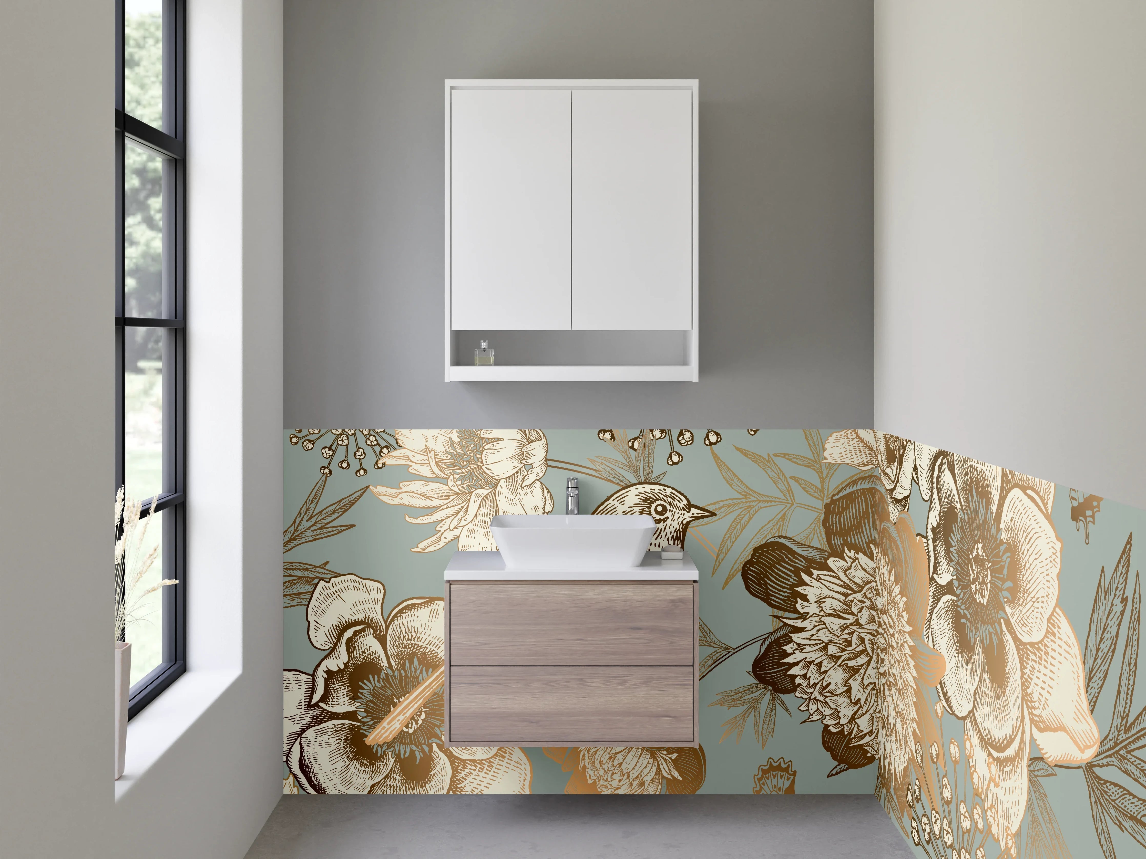 Waschbecken-Rückwand - Vintage Blumen und Vögel Gold-Design
