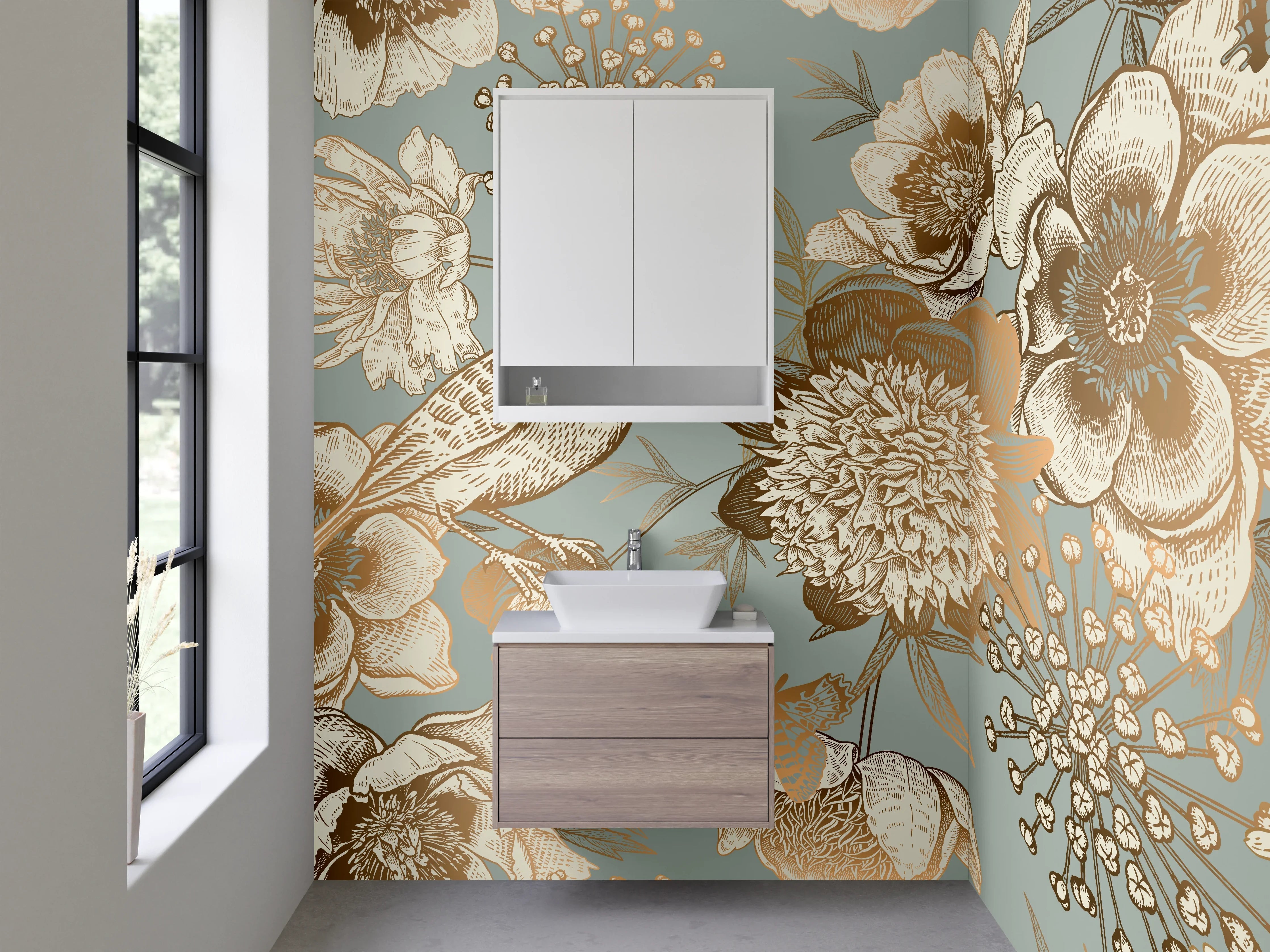 Waschbecken-Rückwand - Vintage Blumen und Vögel Gold-Design