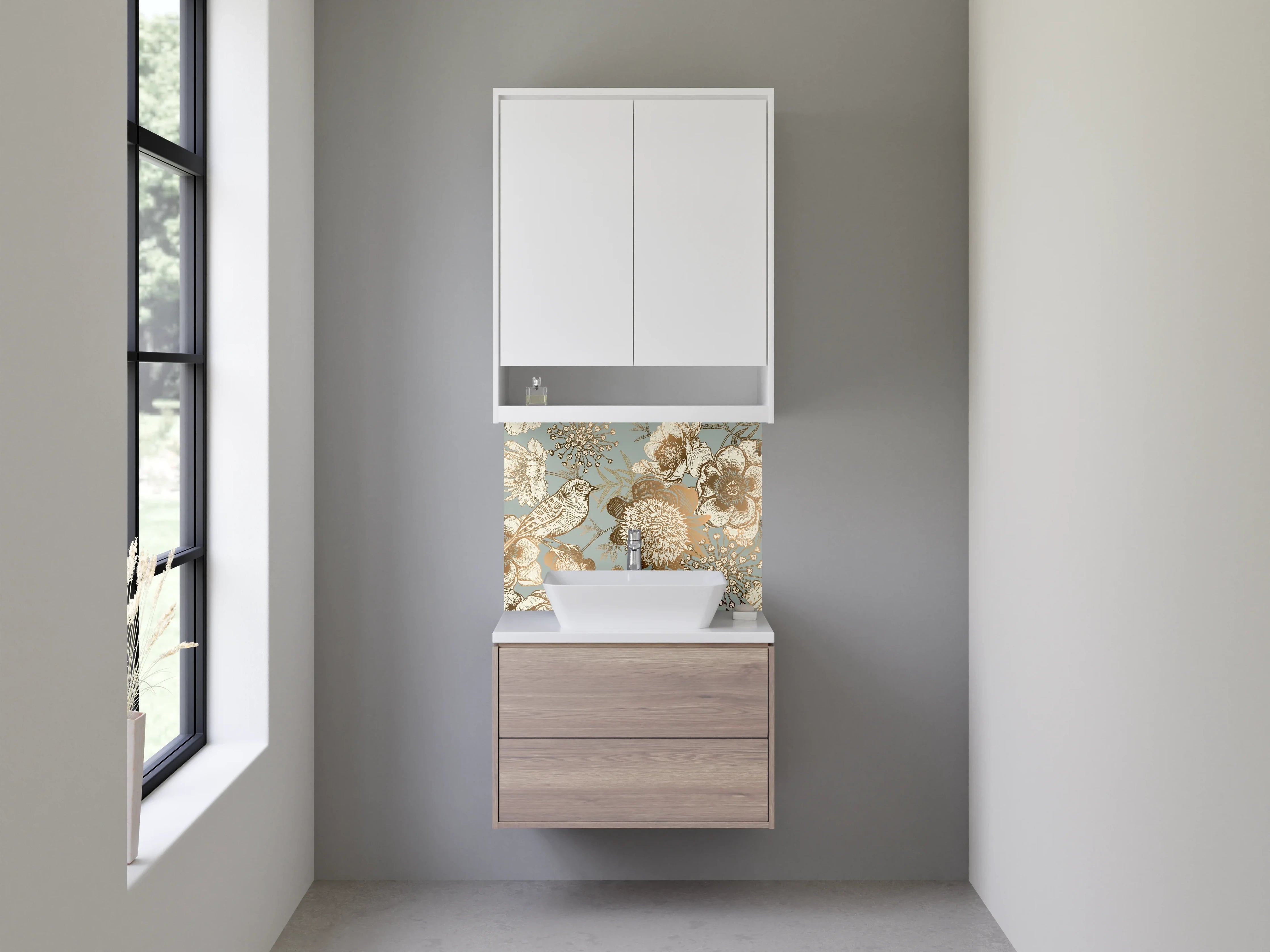 Waschbecken-Rückwand - Vintage Blumen und Vögel Gold-Design