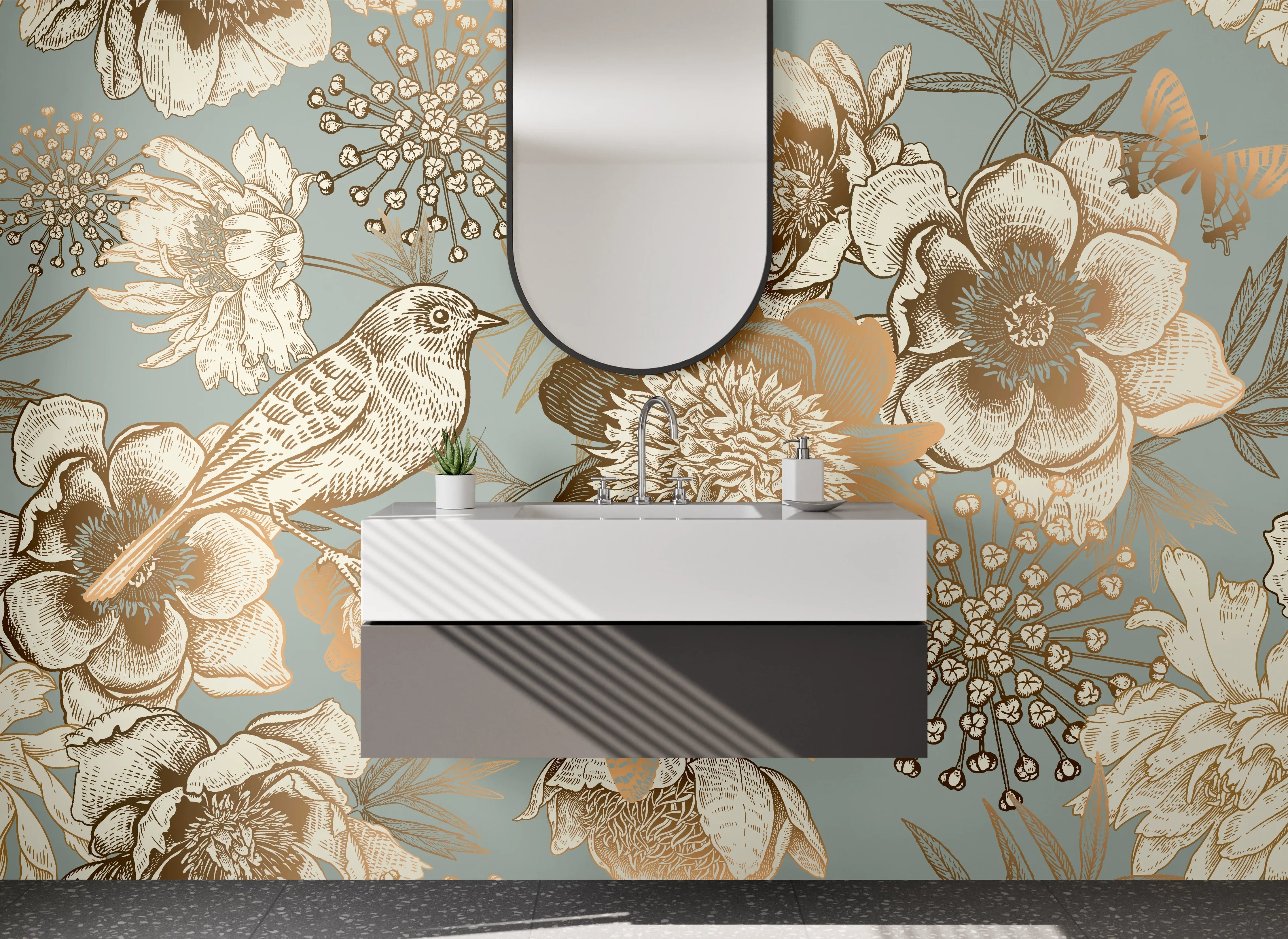 Waschbecken-Rückwand - Vintage Blumen und Vögel Gold-Design
