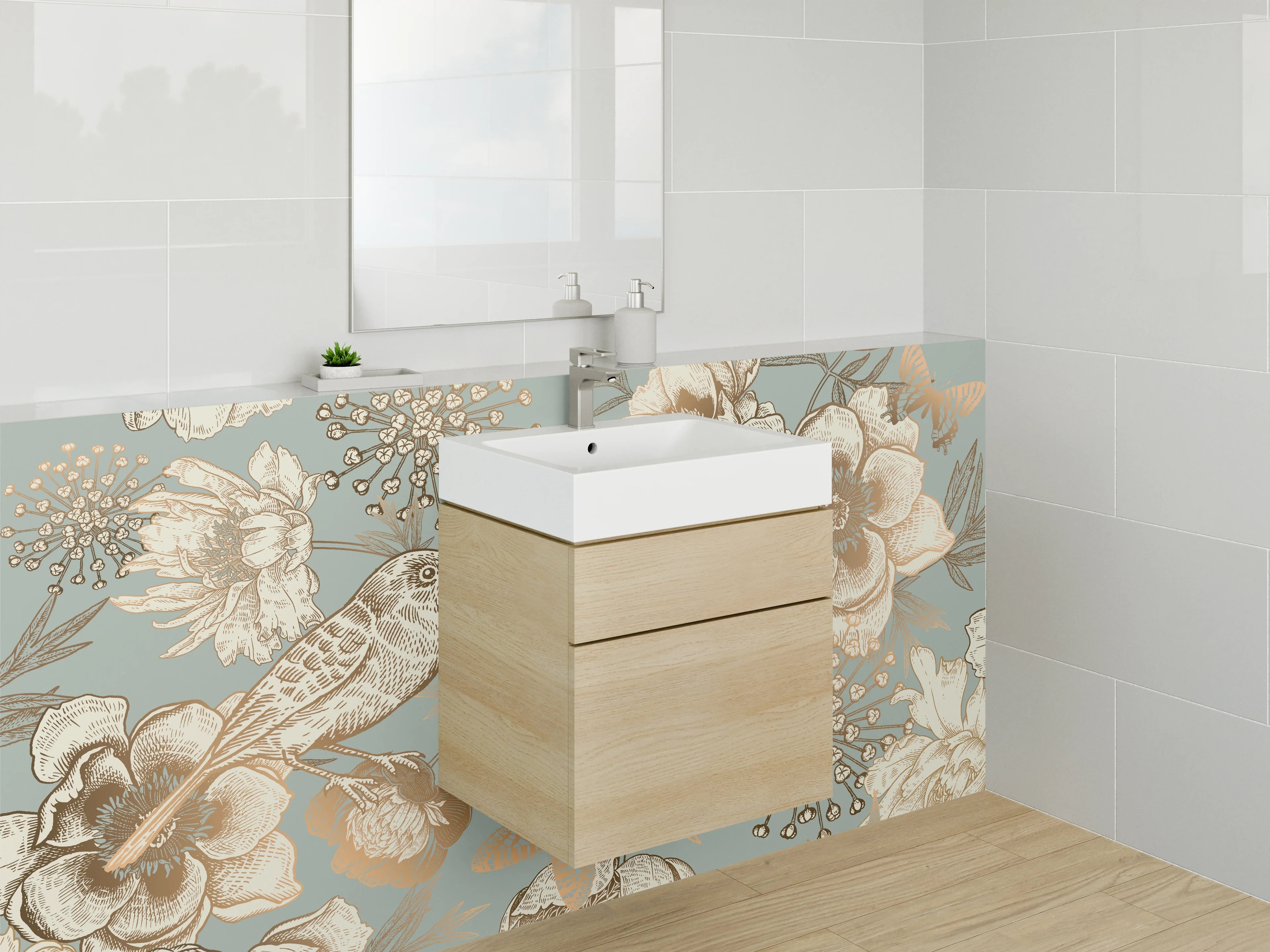Waschbecken-Rückwand - Vintage Blumen und Vögel Gold-Design