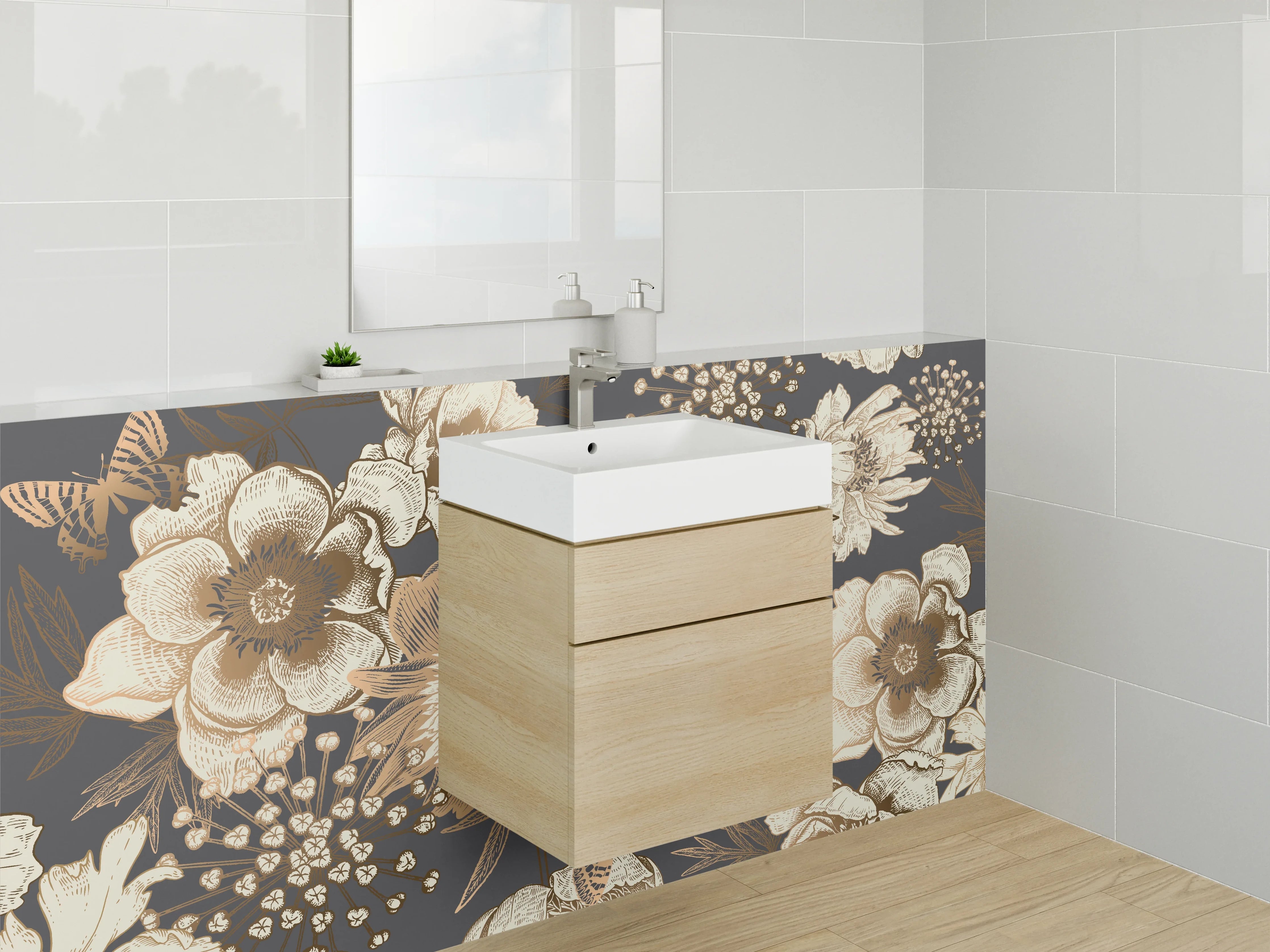 Waschbecken-Rückwand - Vintage Blumen und Vogel Illustration