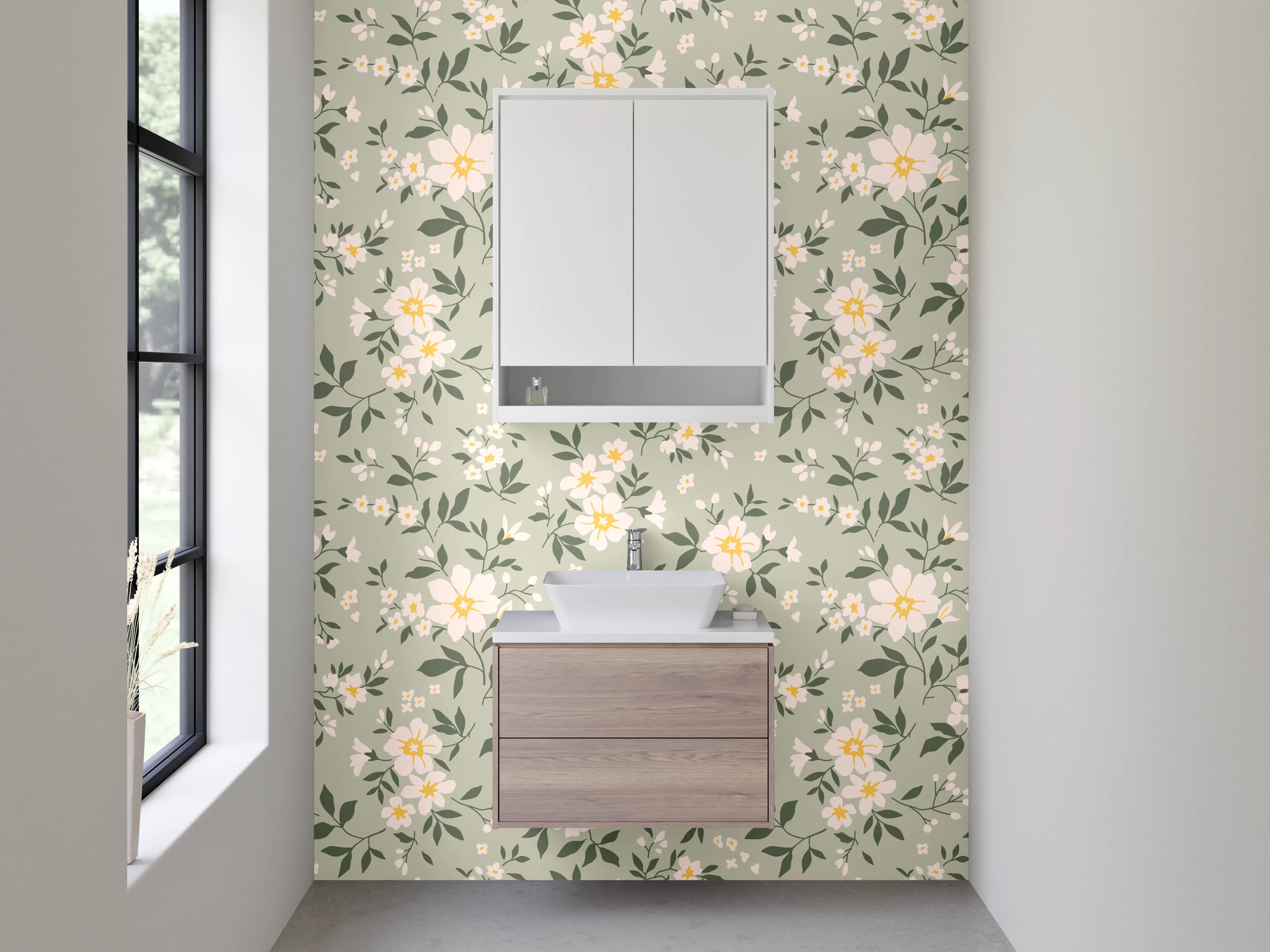 Waschbecken-Rückwand - Vintage Blumenmuster Beige Grün Gelb