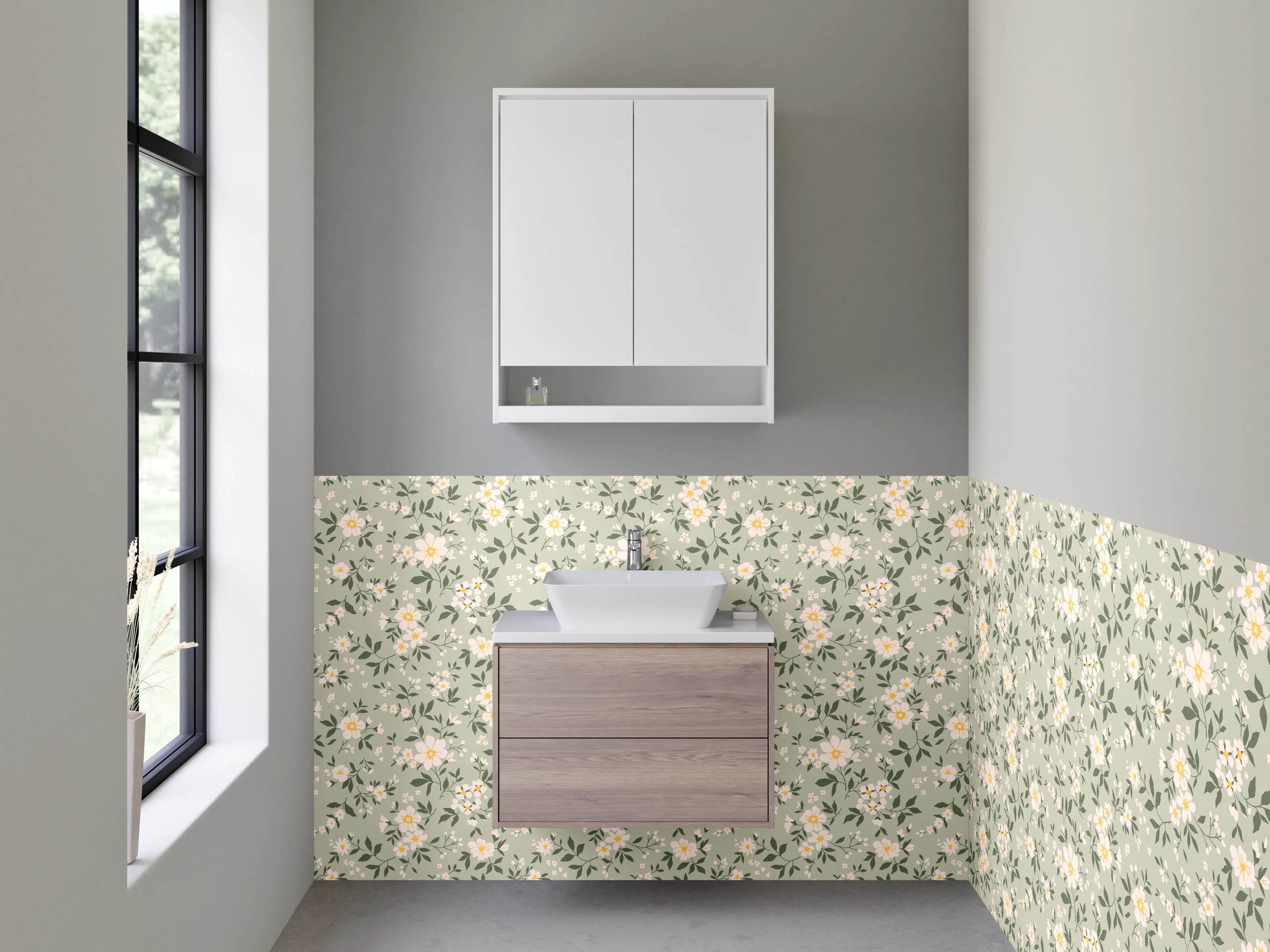 Waschbecken-Rückwand - Vintage Blumenmuster Beige Grün Gelb