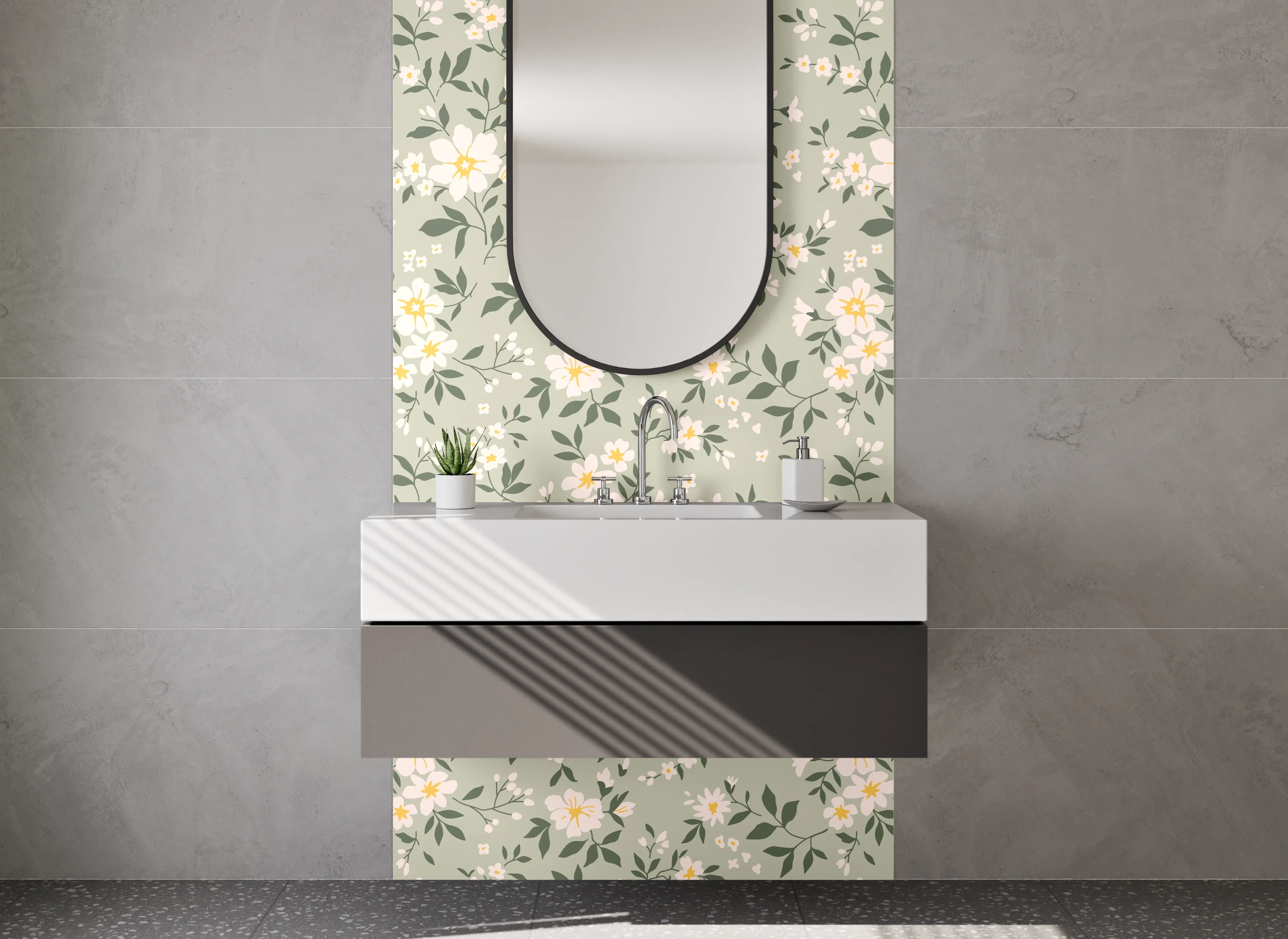 Waschbecken-Rückwand - Vintage Blumenmuster Beige Grün Gelb