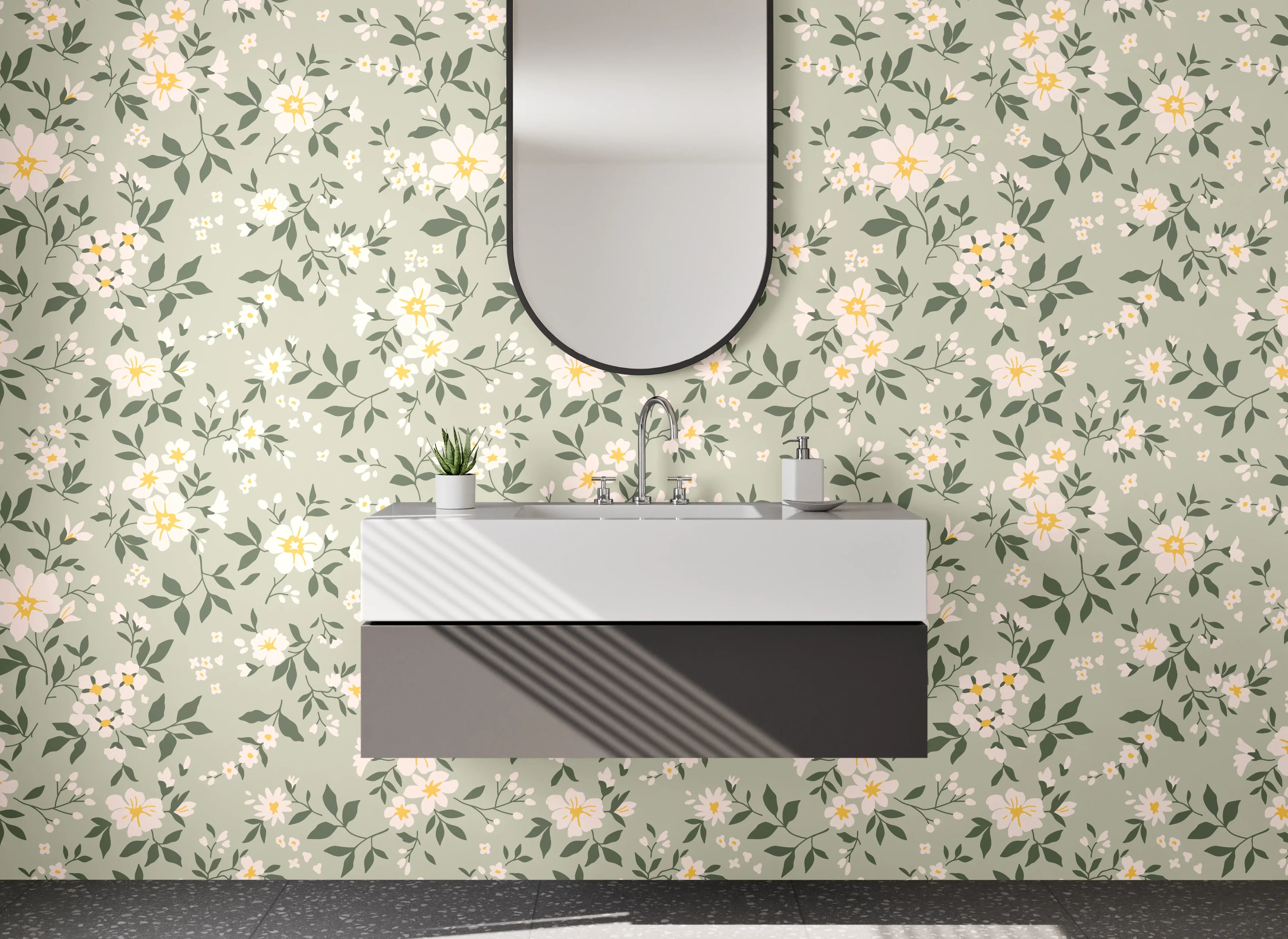 Waschbecken-Rückwand - Vintage Blumenmuster Beige Grün Gelb