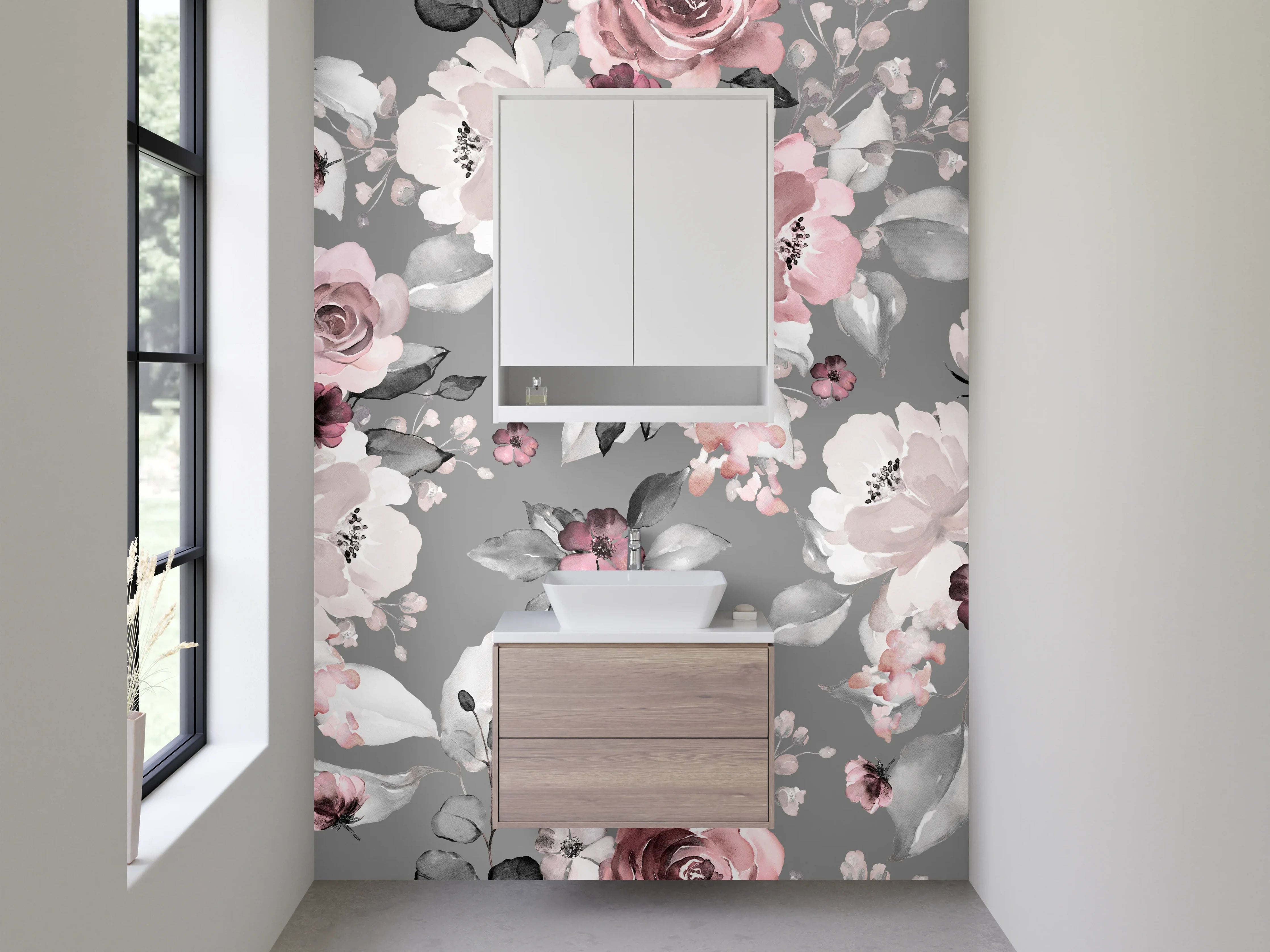 Waschbecken-Rückwand - Vintage Blumenmuster Grau Rosa