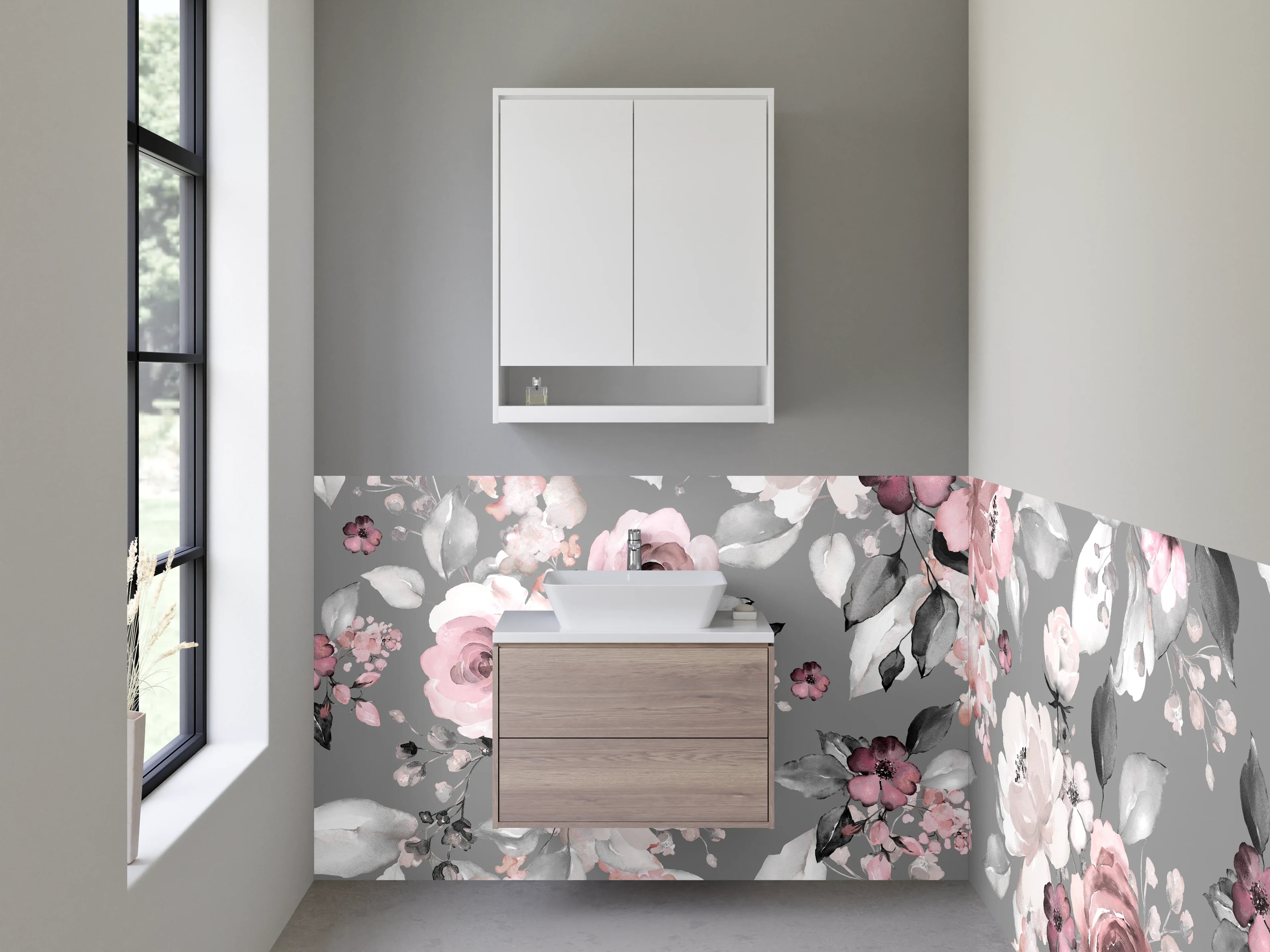 Waschbecken-Rückwand - Vintage Blumenmuster Grau Rosa