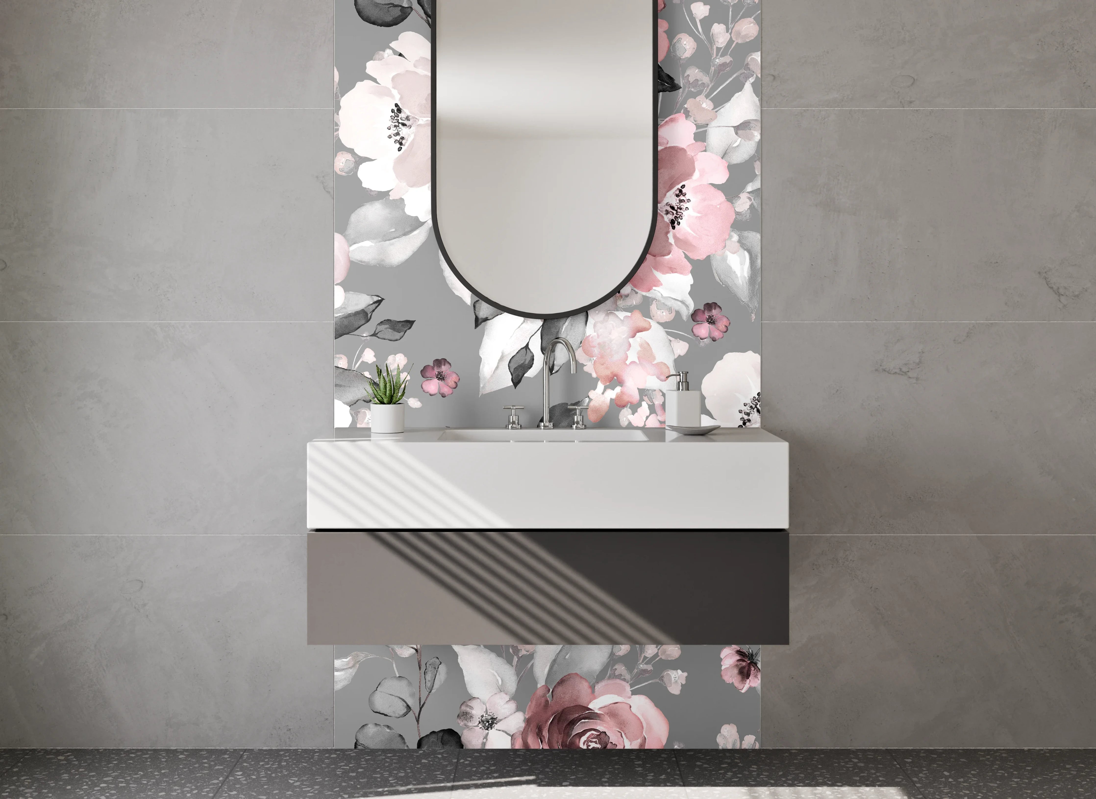 Waschbecken-Rückwand - Vintage Blumenmuster Grau Rosa