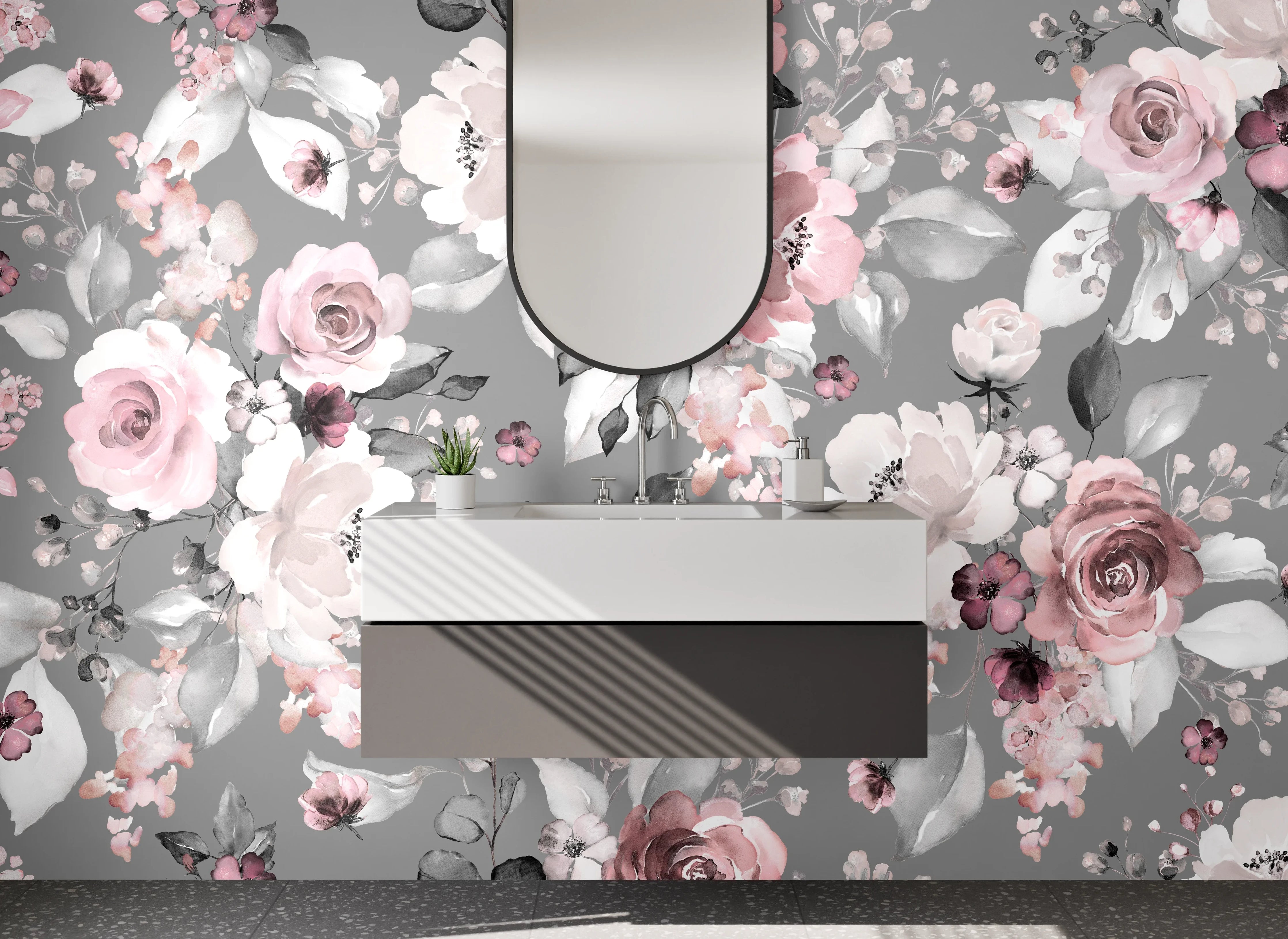 Waschbecken-Rückwand - Vintage Blumenmuster Grau Rosa