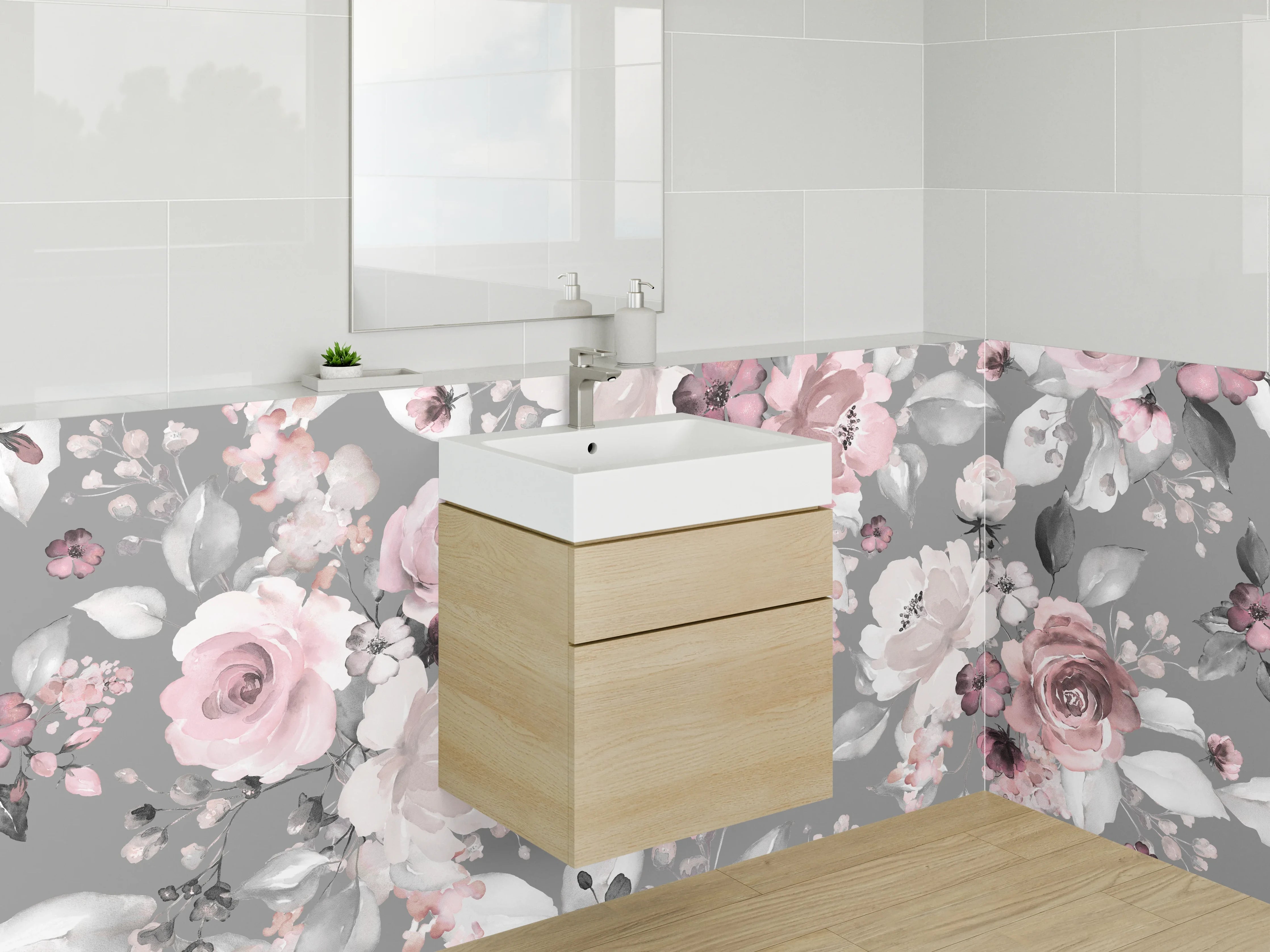 Waschbecken-Rückwand - Vintage Blumenmuster Grau Rosa