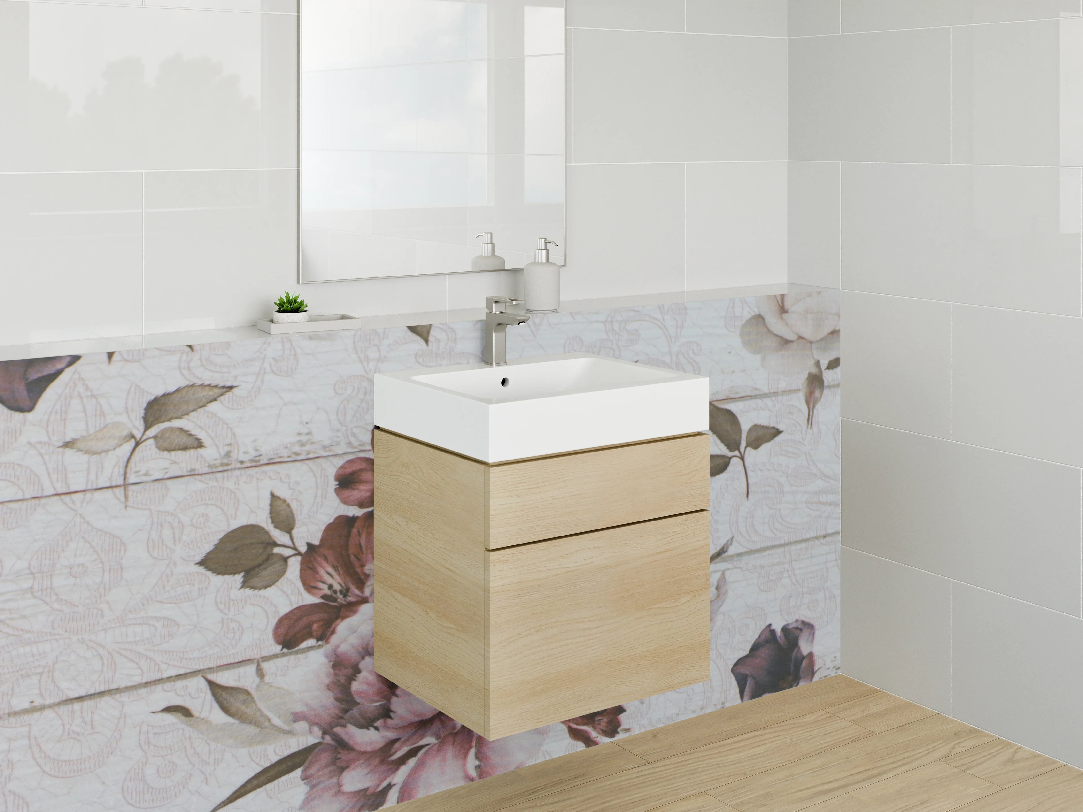 Waschbecken-Rückwand - Vintage Blumenmuster auf weißem Holz