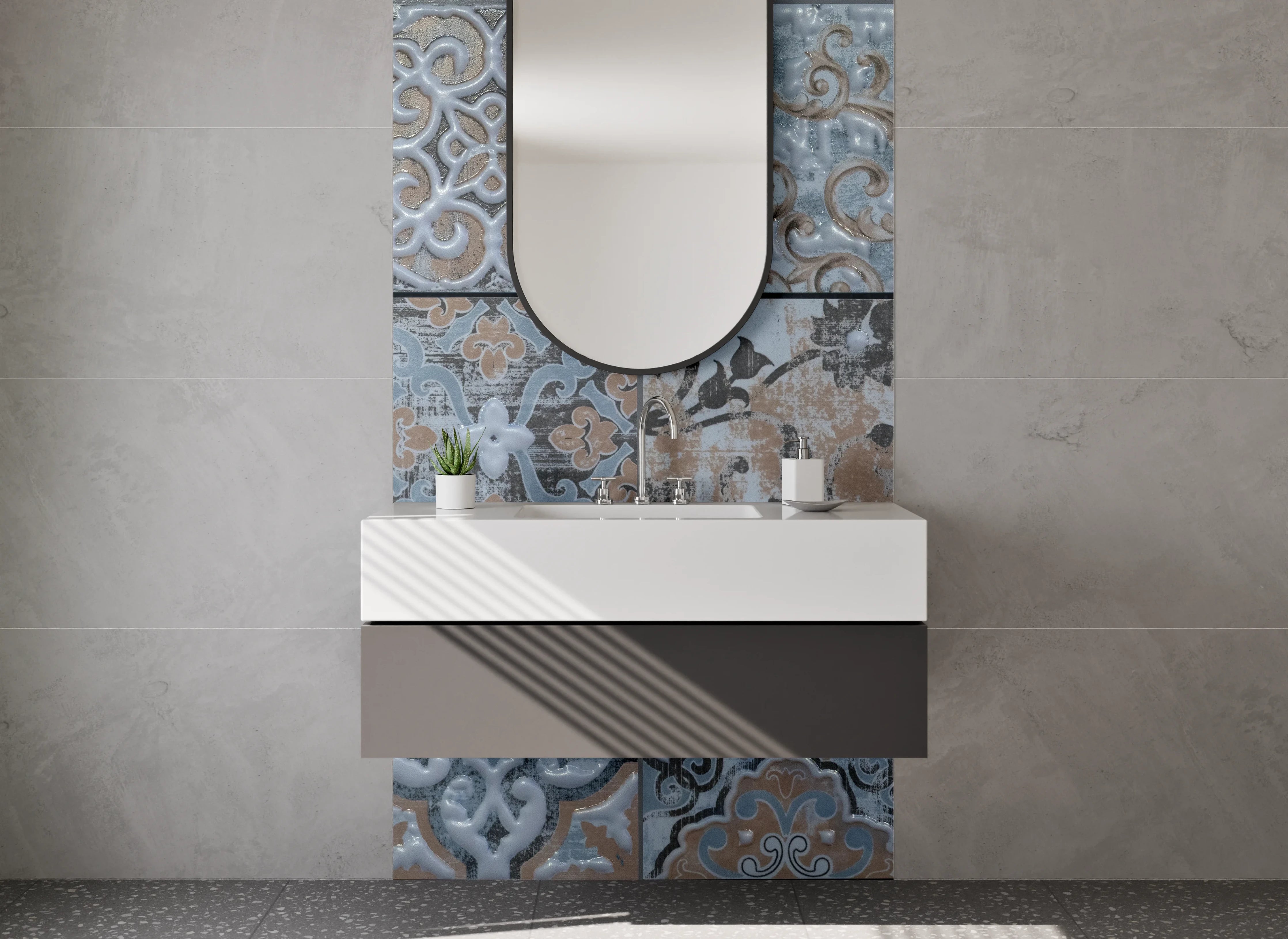 Waschbecken-Rückwand - Vintage Fliesenmuster Blau Grau Braun