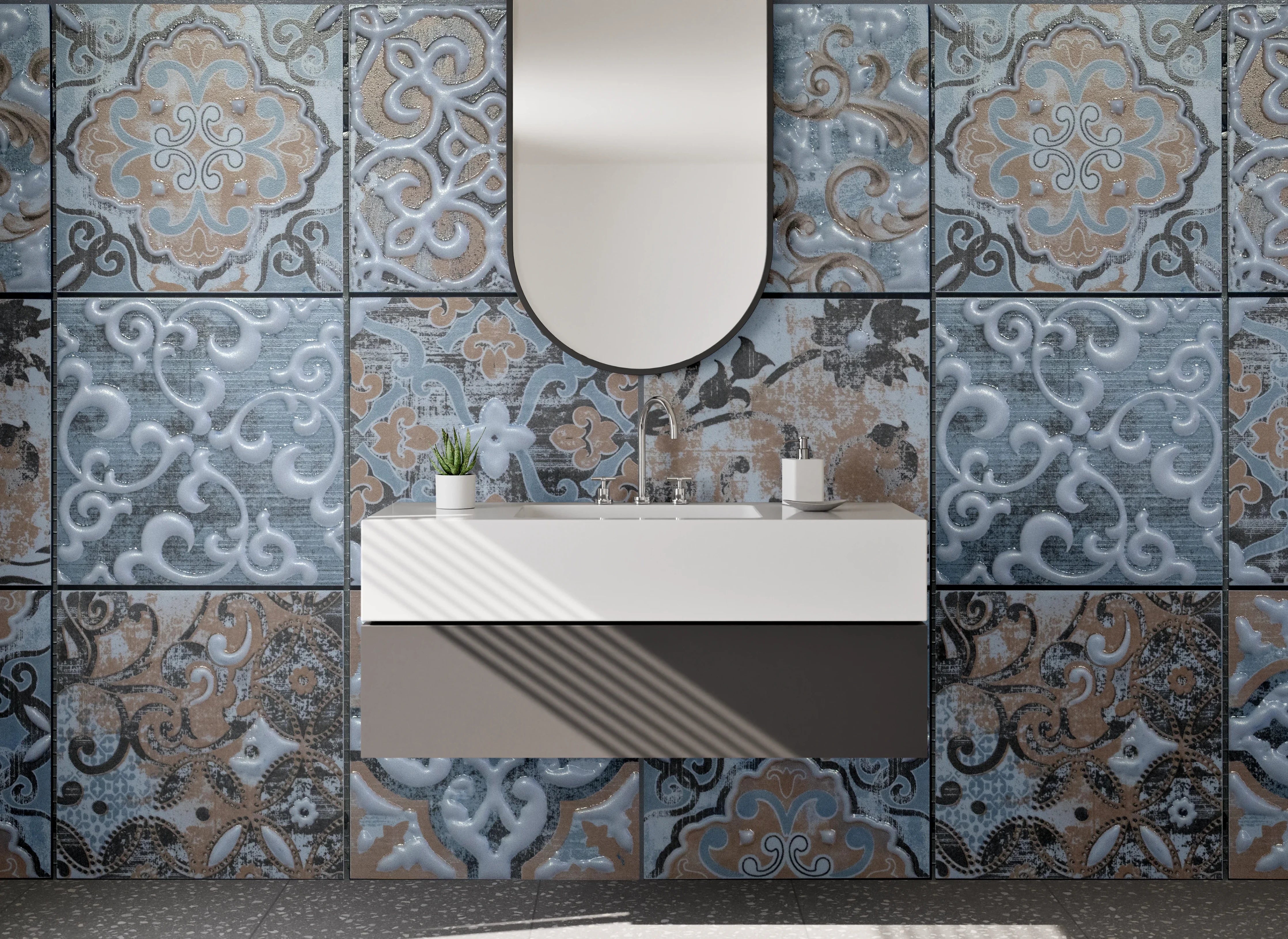 Waschbecken-Rückwand - Vintage Fliesenmuster Blau Grau Braun