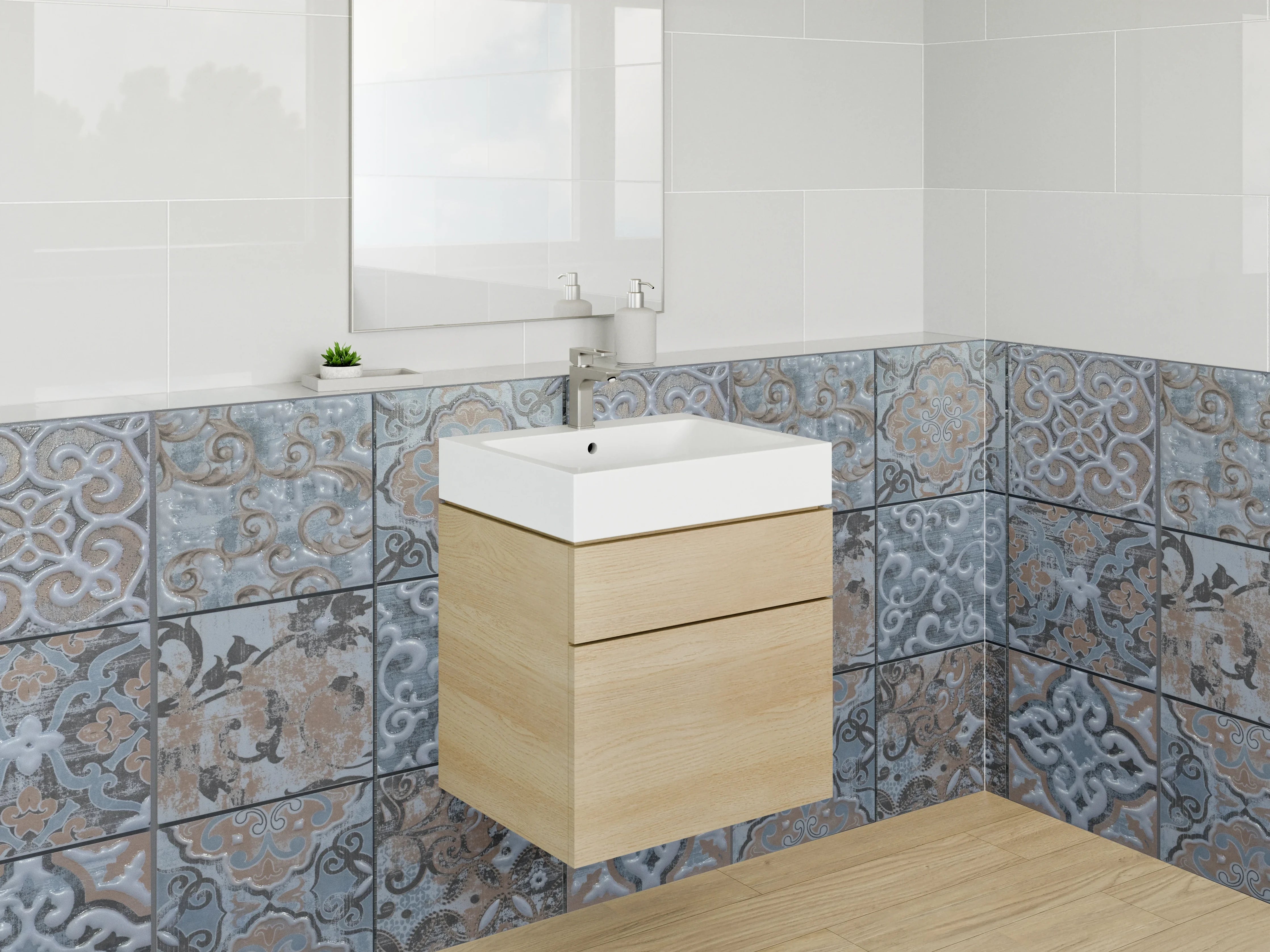 Waschbecken-Rückwand - Vintage Fliesenmuster Blau Grau Braun