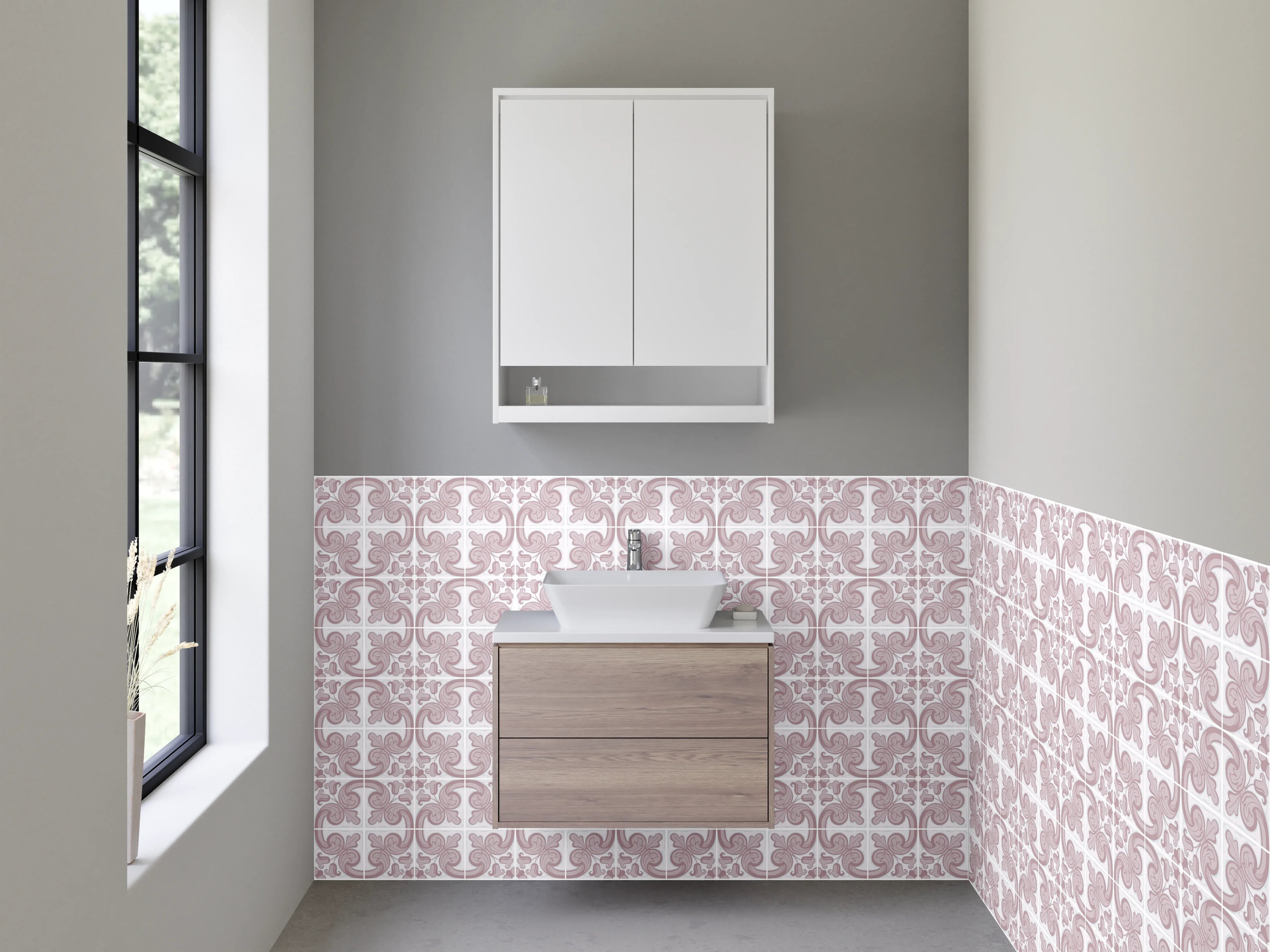 Waschbecken-Rückwand - Vintage Fliesenmuster Rosa Weiß