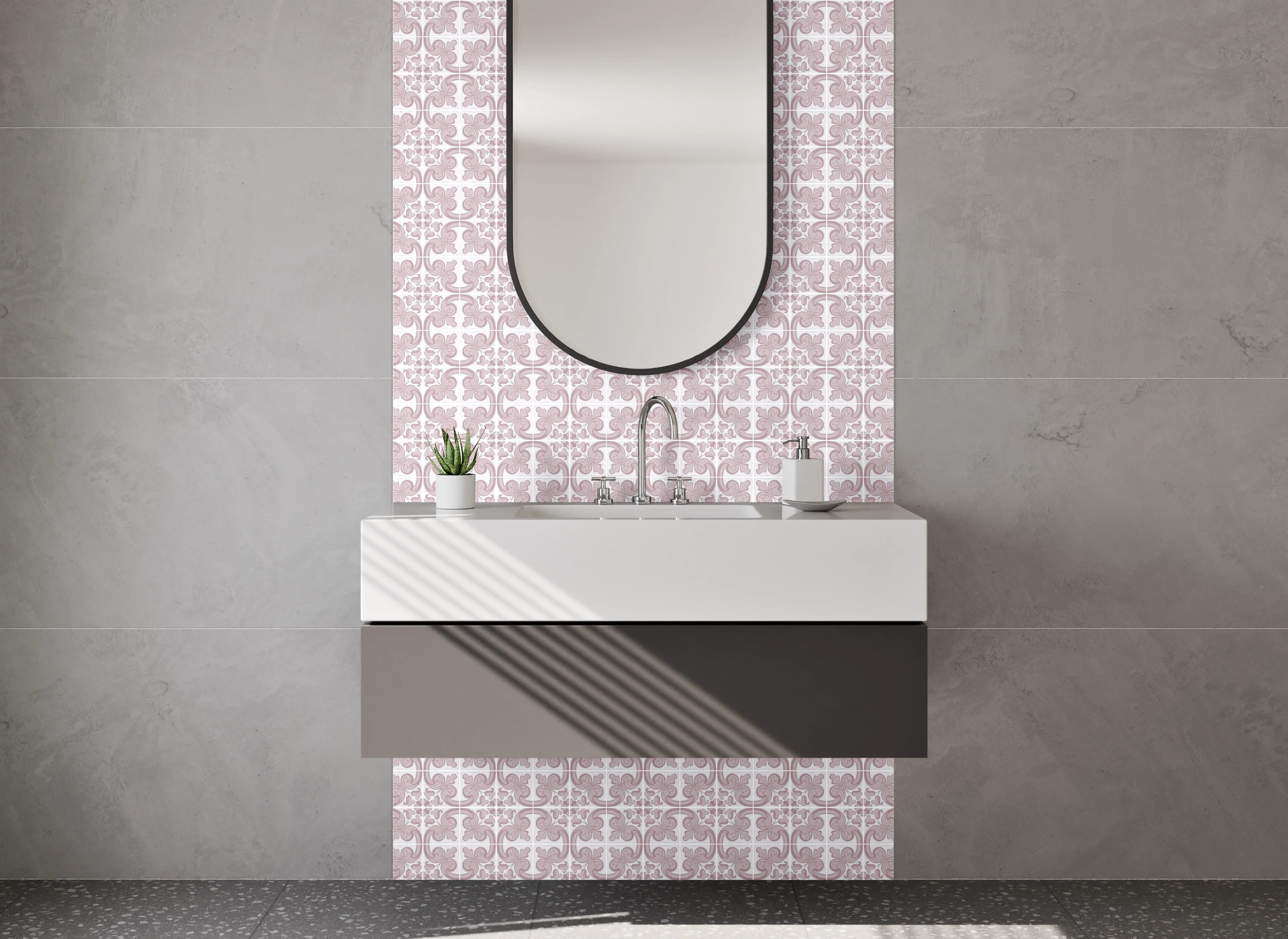 Waschbecken-Rückwand - Vintage Fliesenmuster Rosa Weiß