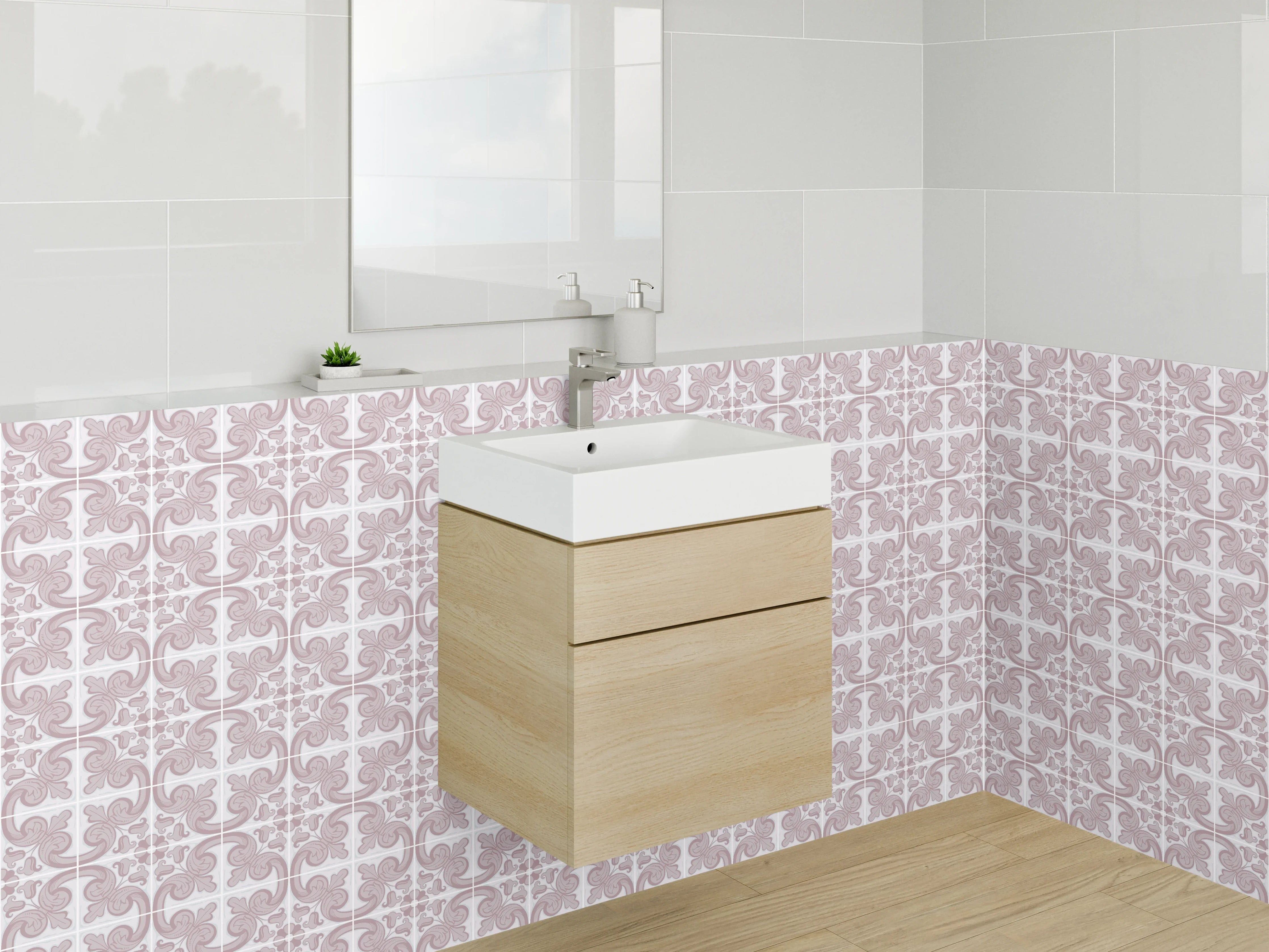 Waschbecken-Rückwand - Vintage Fliesenmuster Rosa Weiß