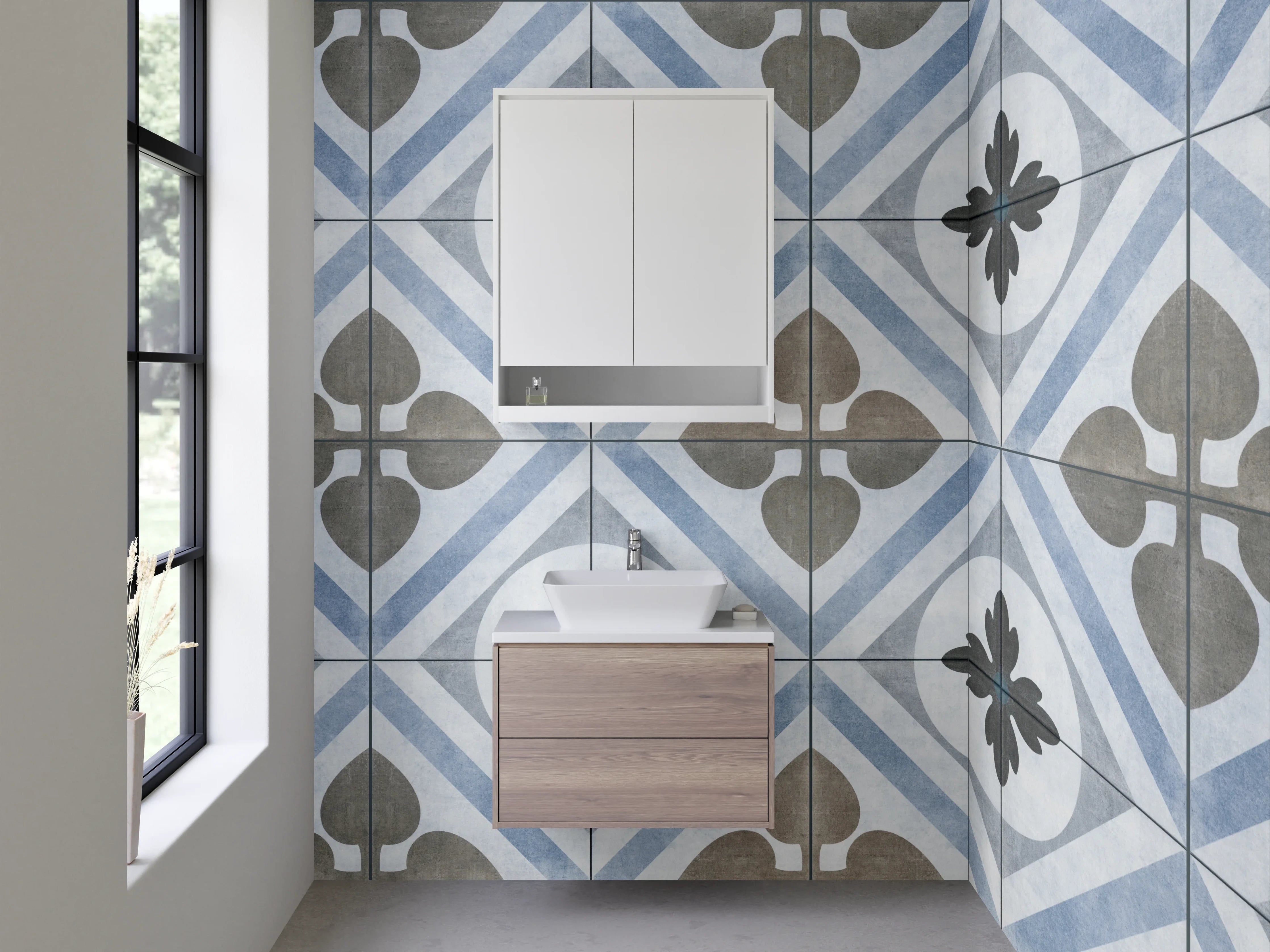 Waschbecken-Rückwand - Vintage Fliesenmuster in Blau und Beige