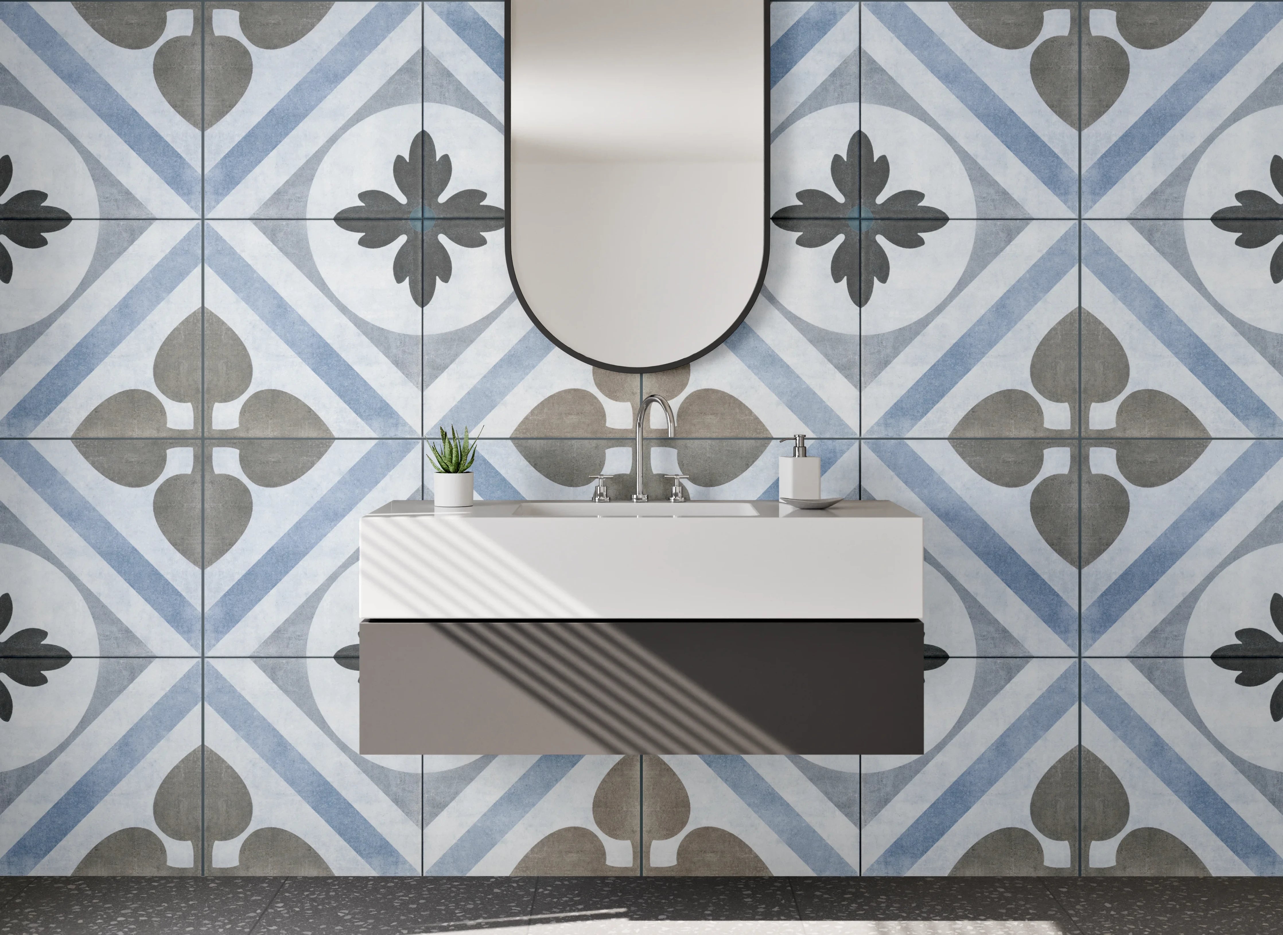 Waschbecken-Rückwand - Vintage Fliesenmuster in Blau und Beige