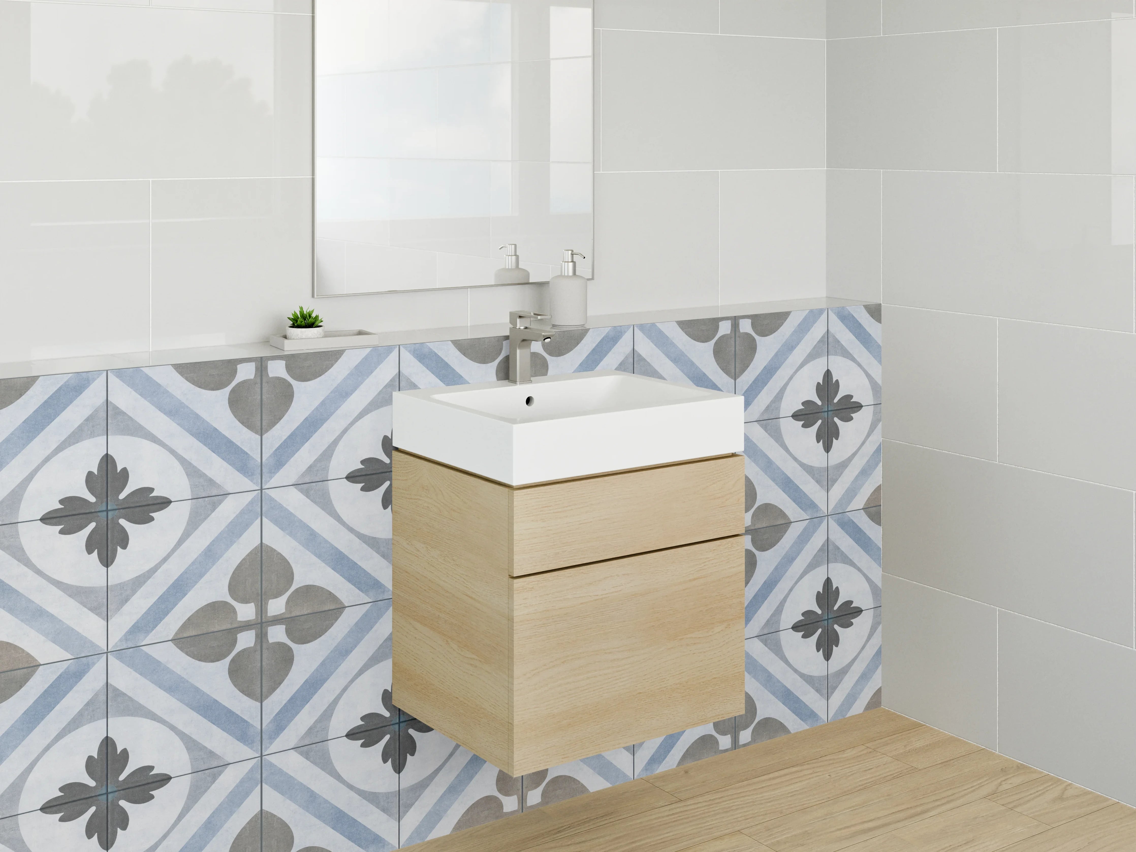 Waschbecken-Rückwand - Vintage Fliesenmuster in Blau und Beige