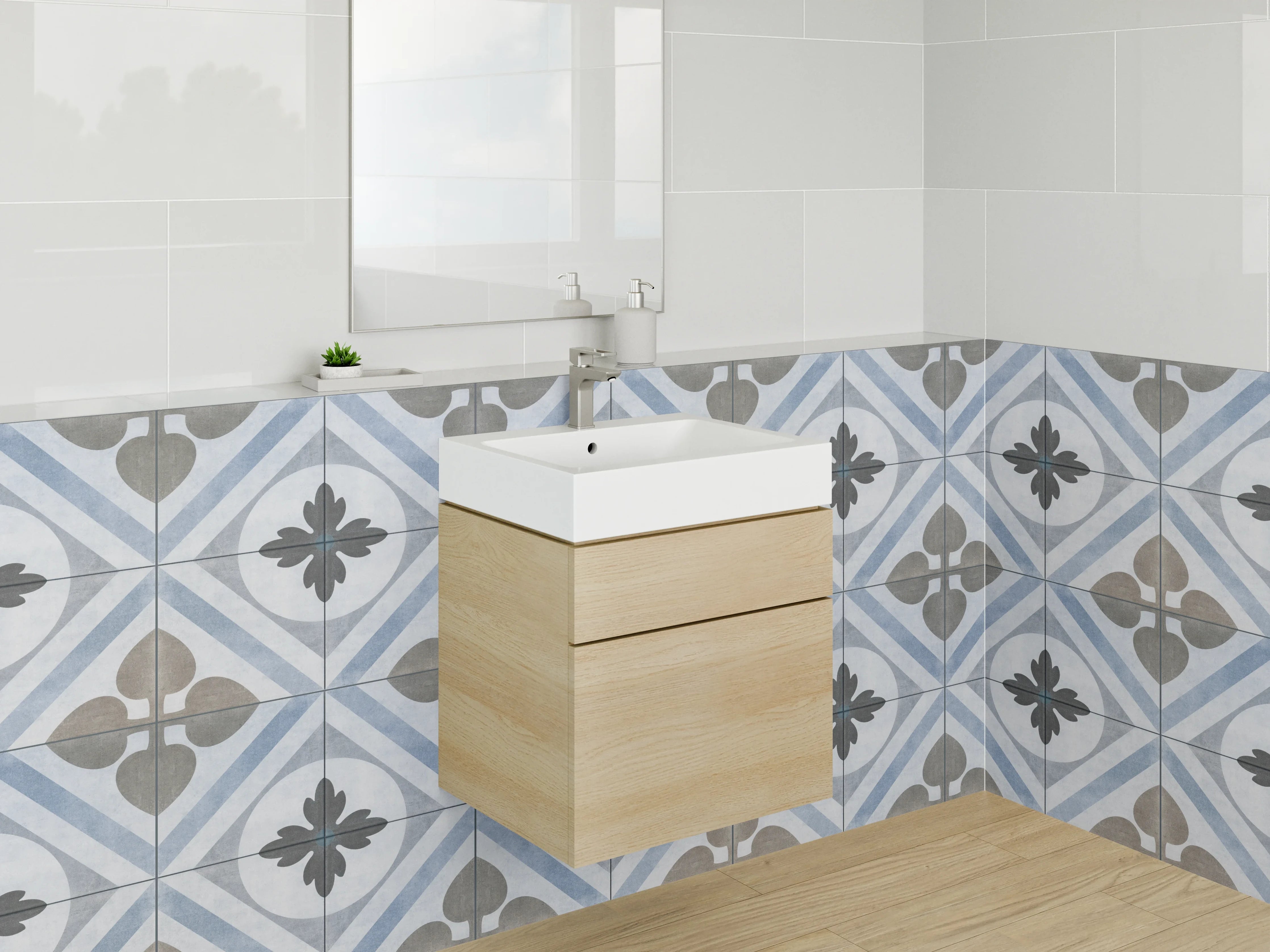 Waschbecken-Rückwand - Vintage Fliesenmuster in Blau und Beige