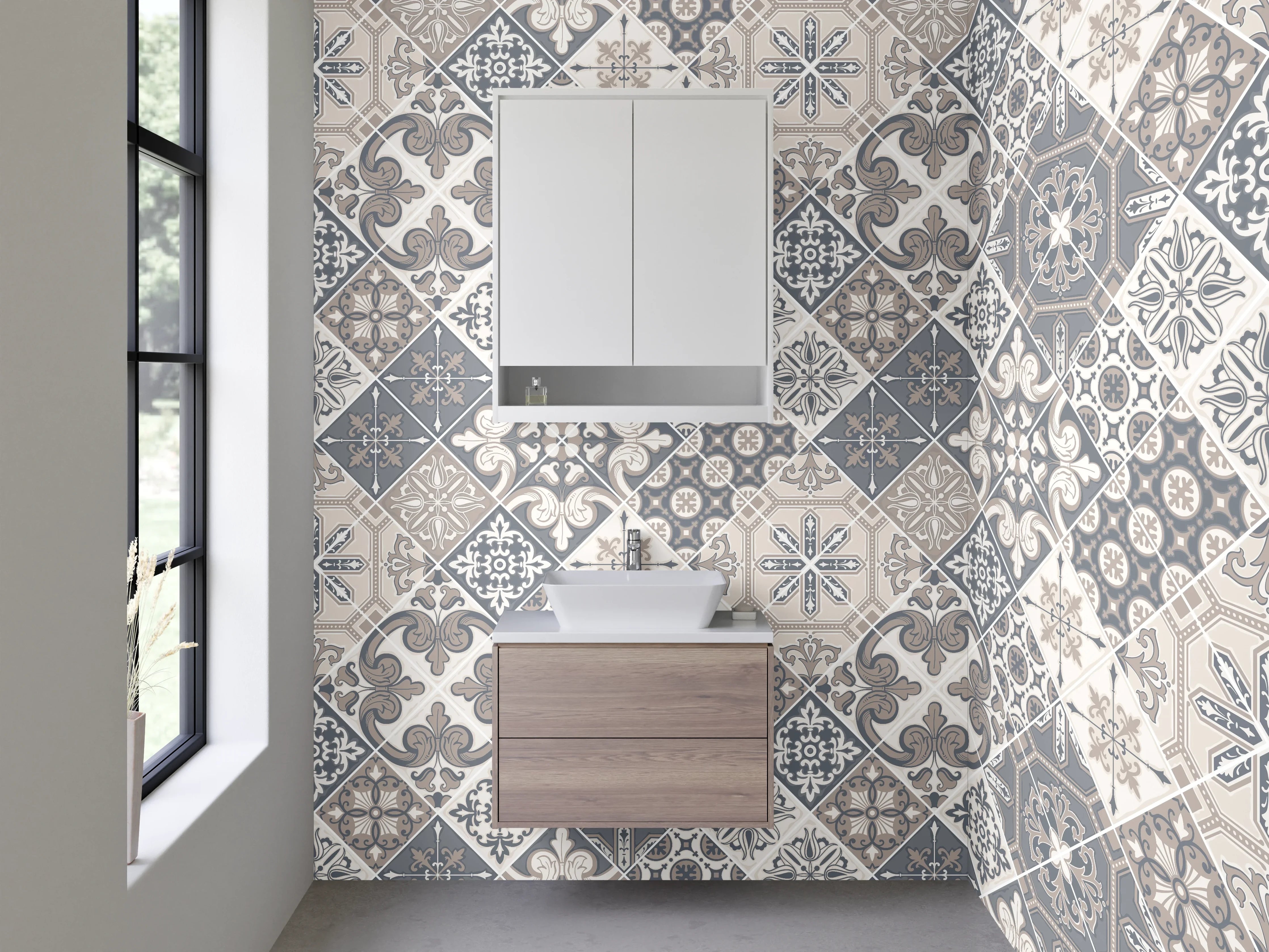 Waschbecken-Rückwand - Vintage Fliesenmuster in Grau und Beige