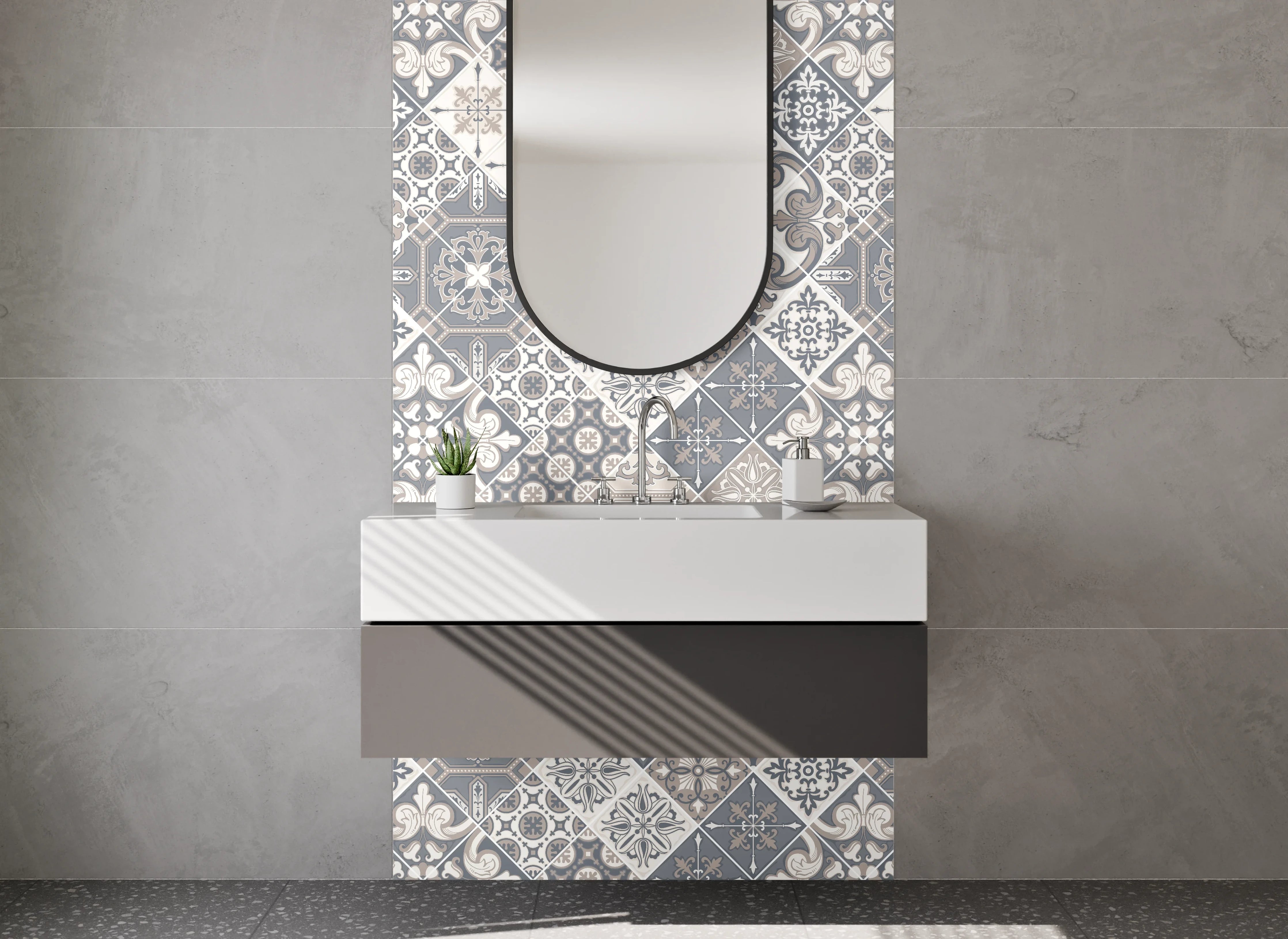 Waschbecken-Rückwand - Vintage Fliesenmuster in Grau und Beige