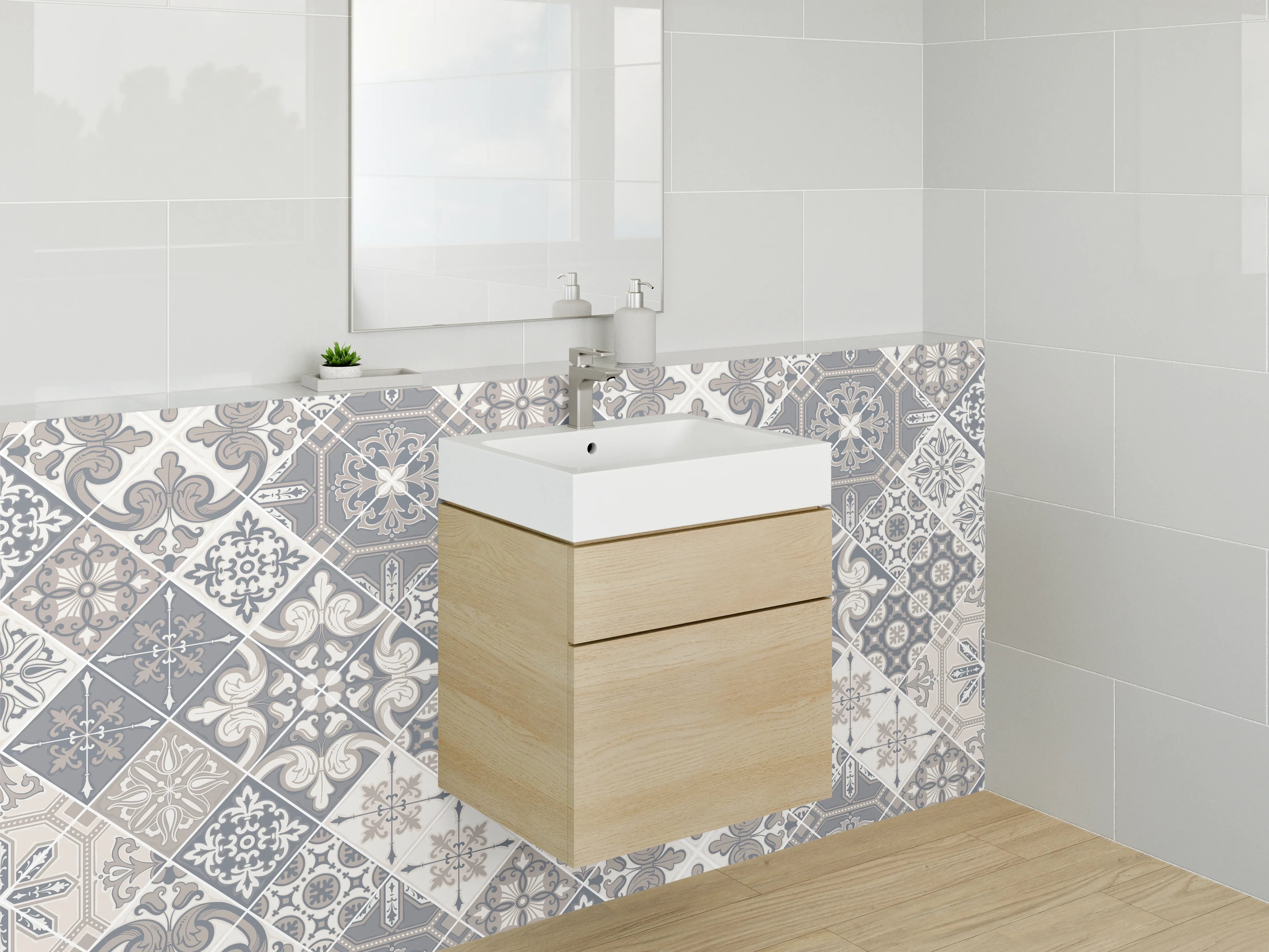 Waschbecken-Rückwand - Vintage Fliesenmuster in Grau und Beige