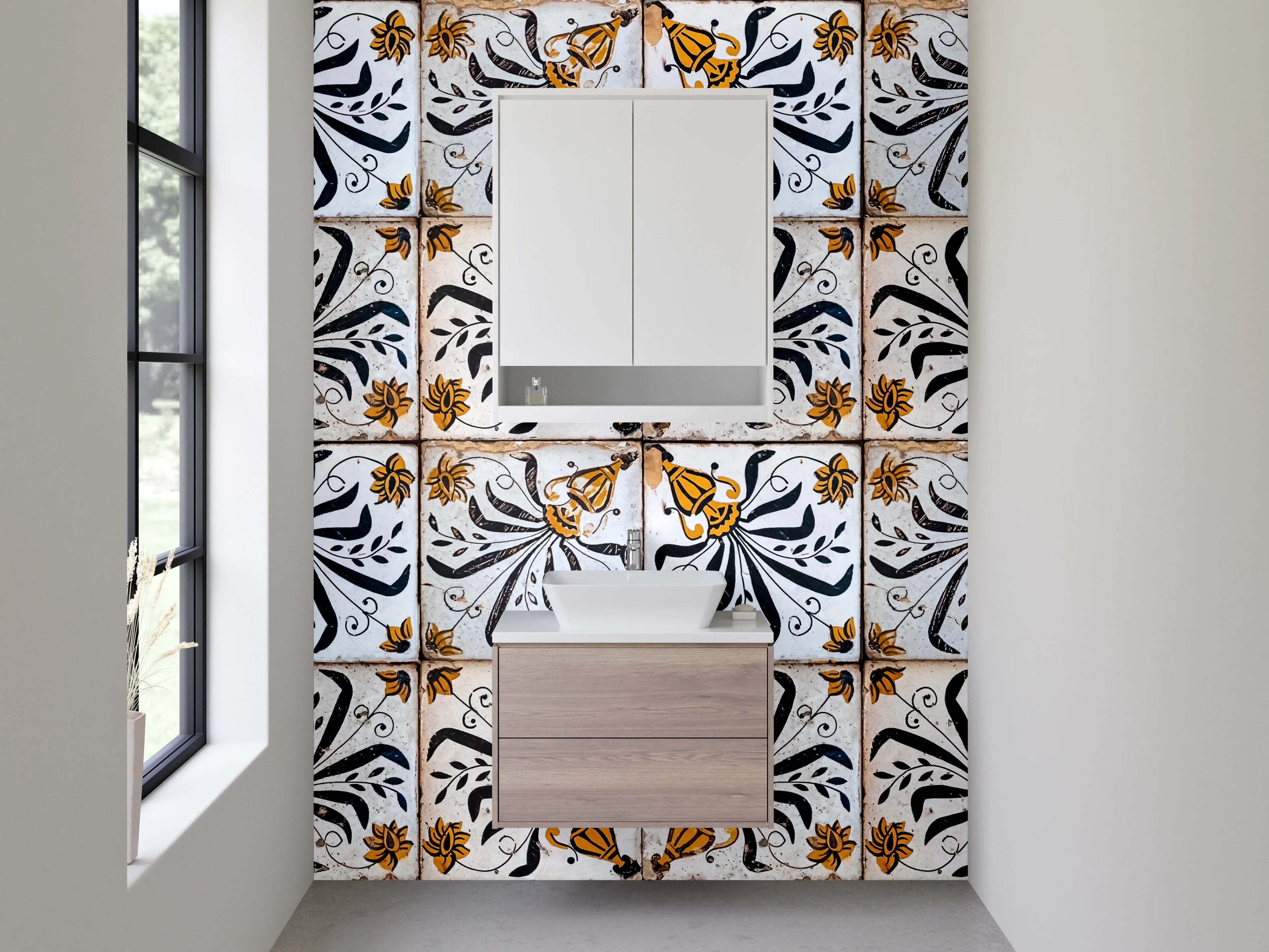 Waschbecken-Rückwand - Vintage Fliesenmuster in Schwarz-Gold