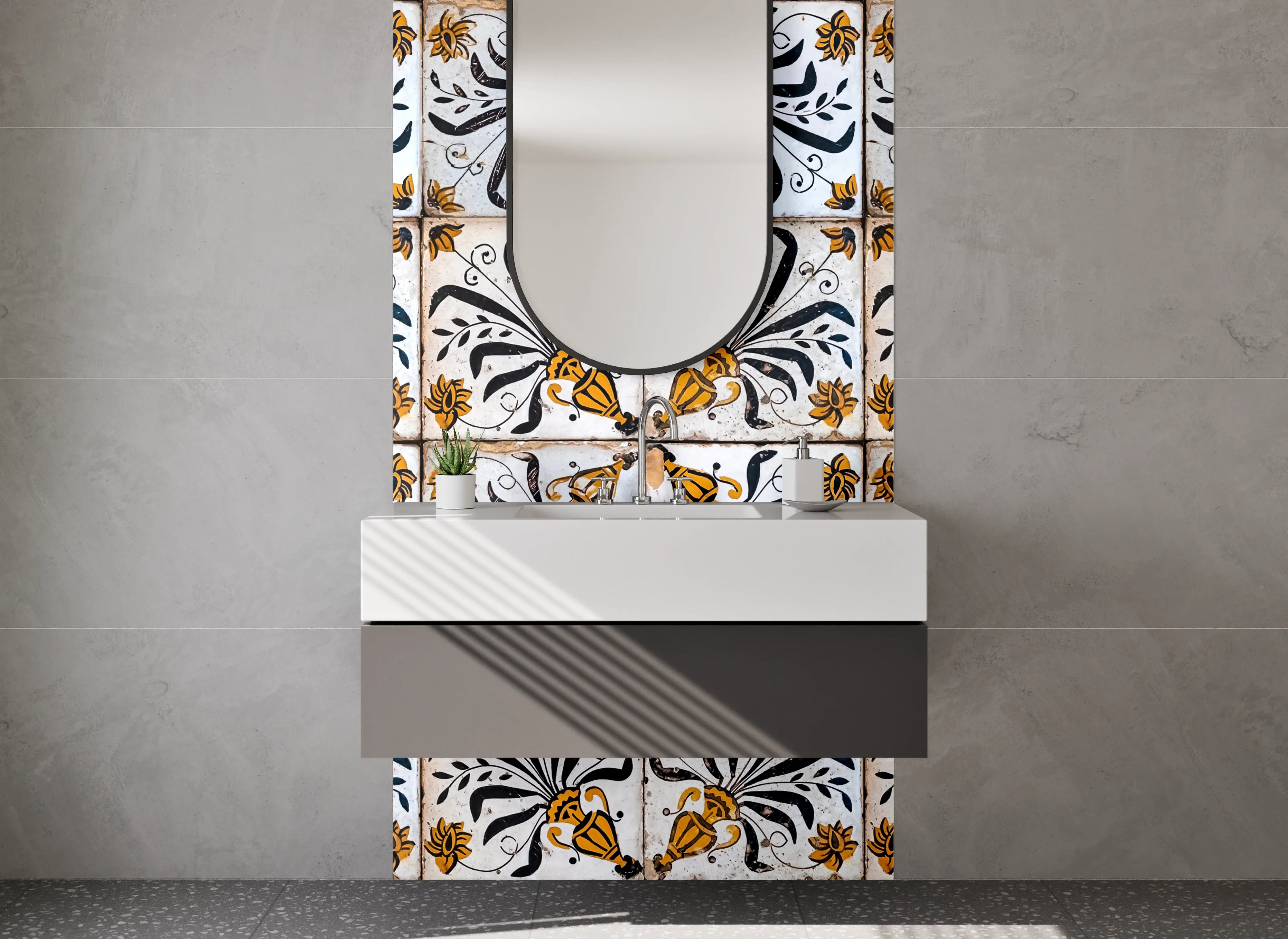 Waschbecken-Rückwand - Vintage Fliesenmuster in Schwarz-Gold