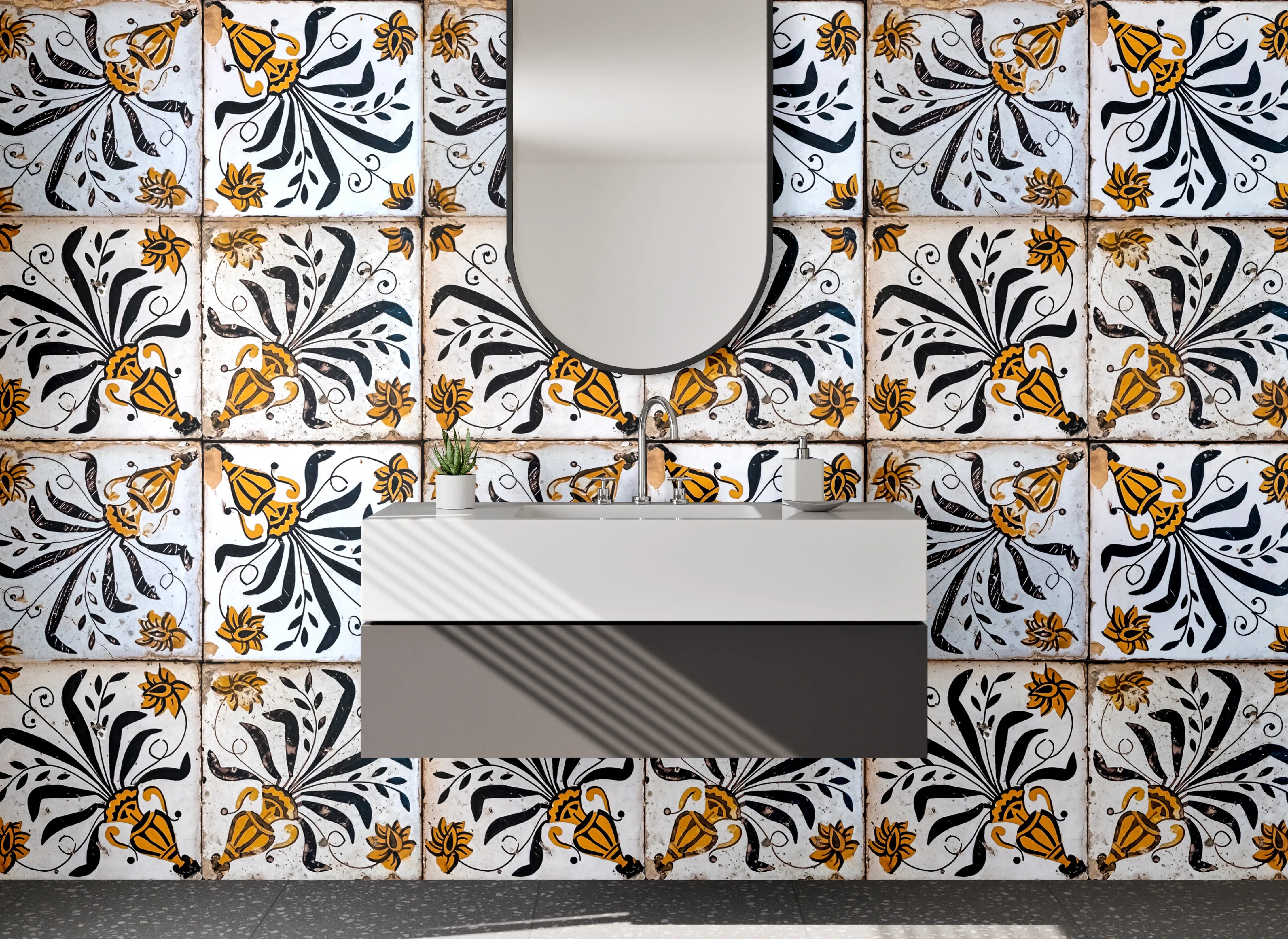 Waschbecken-Rückwand - Vintage Fliesenmuster in Schwarz-Gold