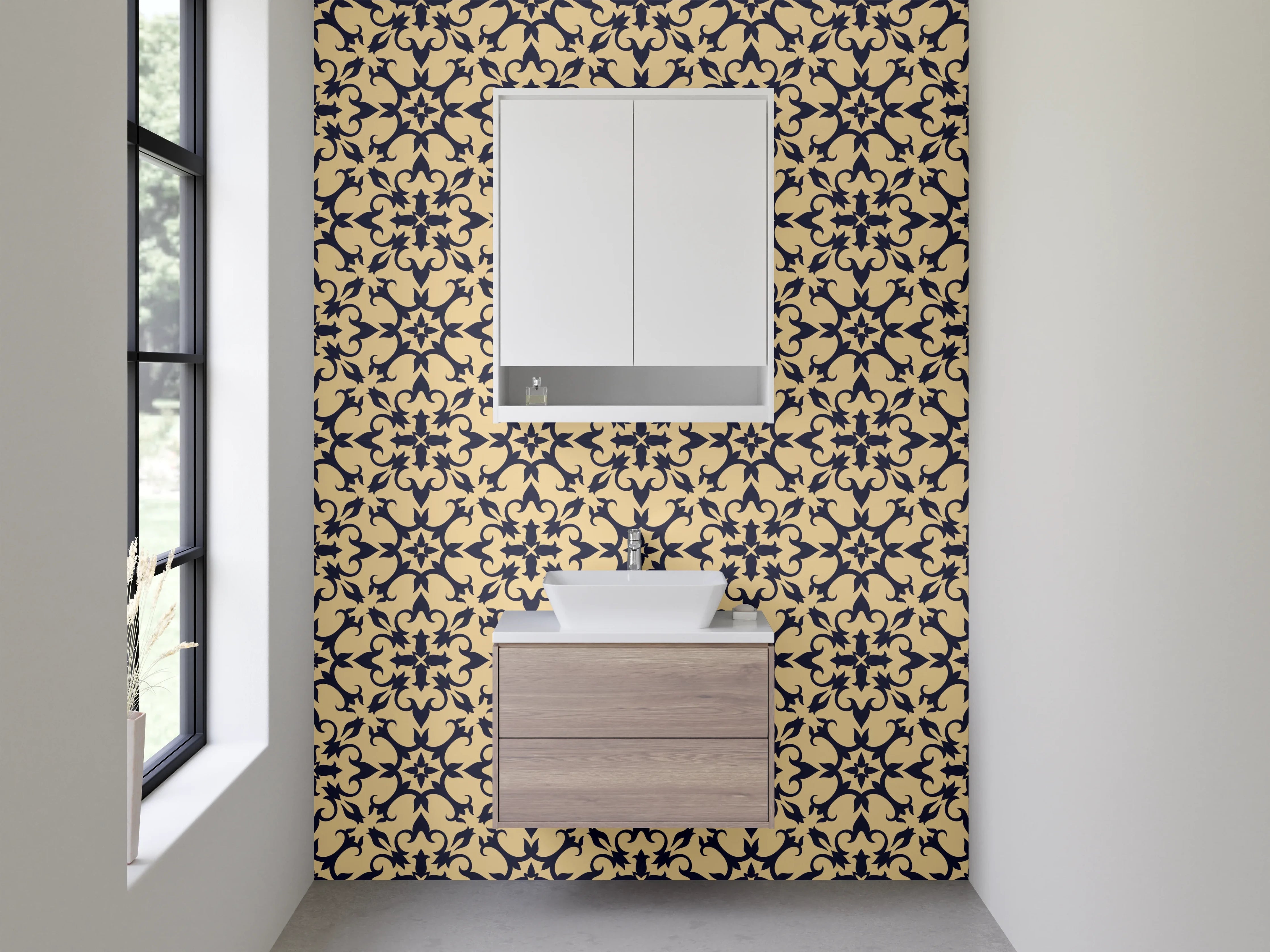 Waschbecken-Rückwand - Vintage Geometrie Grau-Beige Schwarz