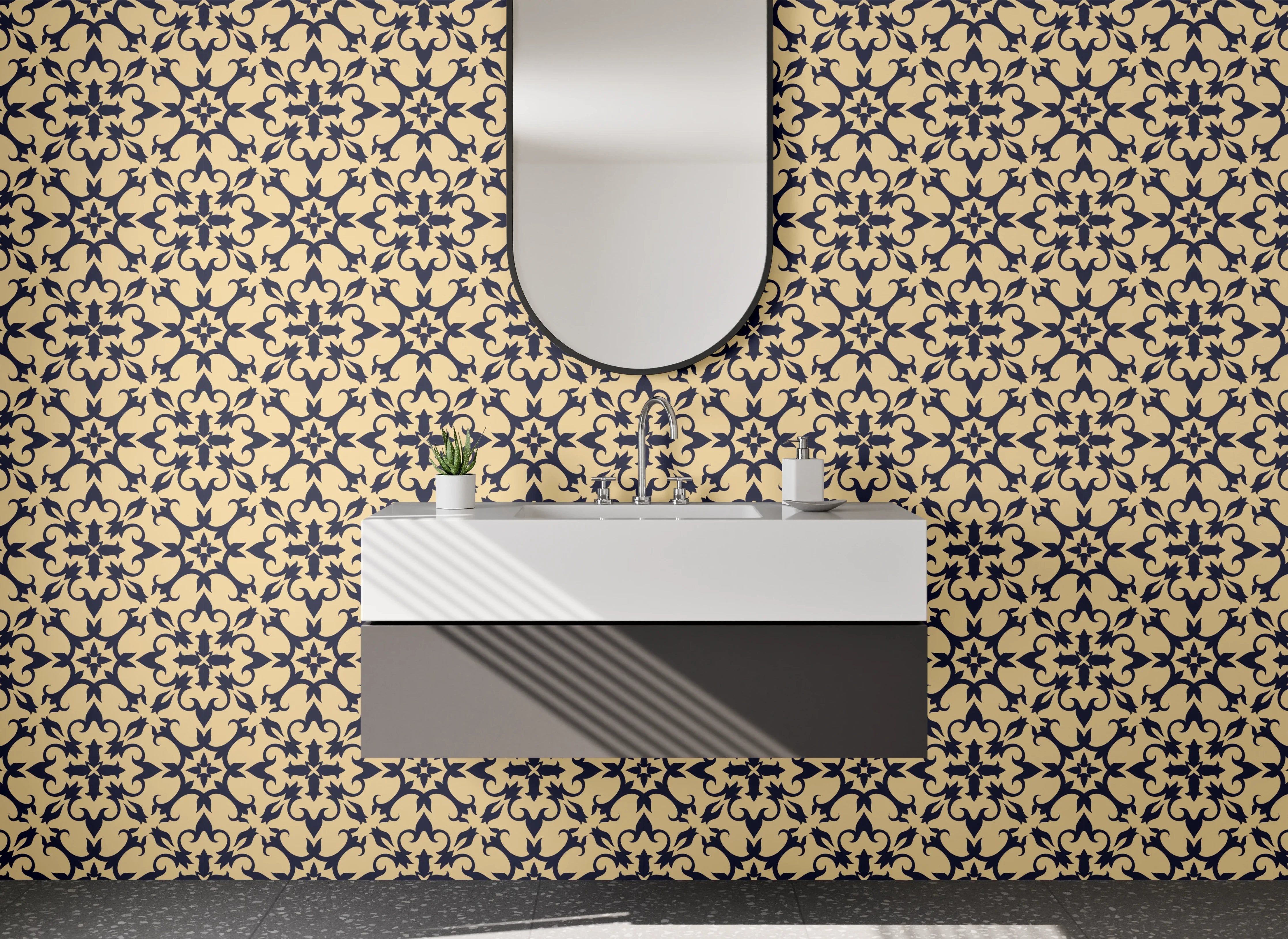 Waschbecken-Rückwand - Vintage Geometrie Grau-Beige Schwarz