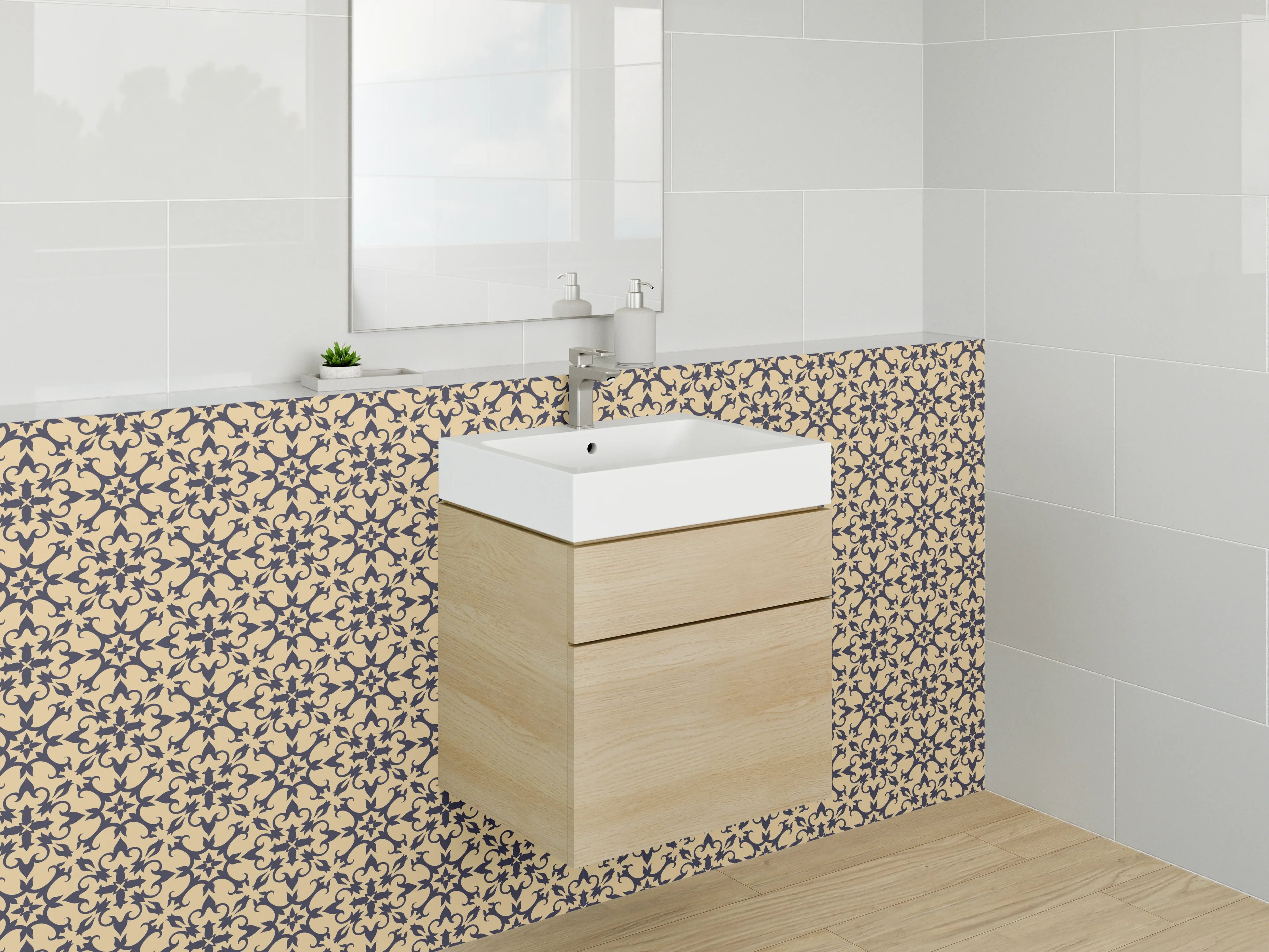 Waschbecken-Rückwand - Vintage Geometrie Grau-Beige Schwarz