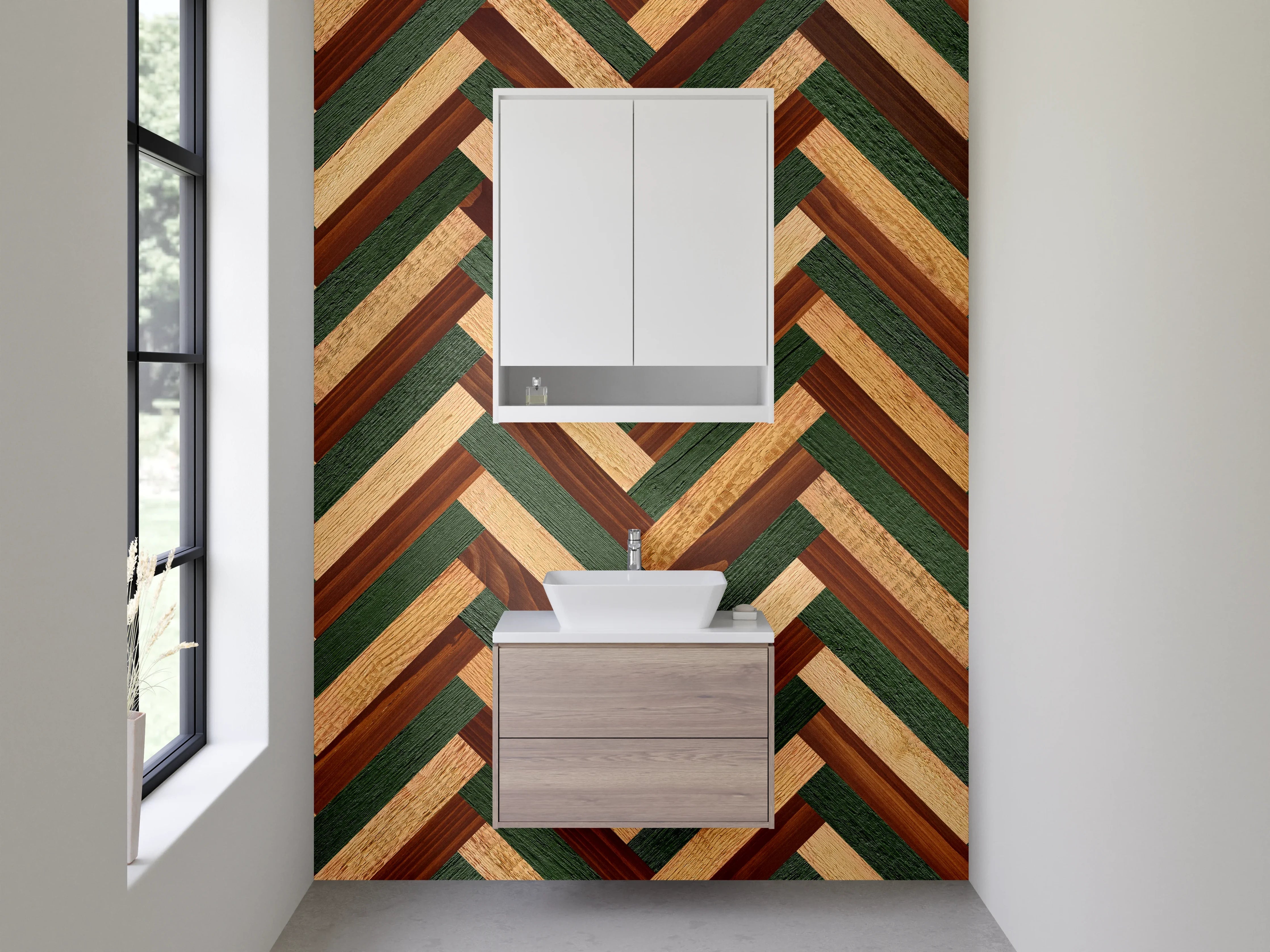 Waschbecken-Rückwand - Vintage-Holzdesign mit grünen Akzenten