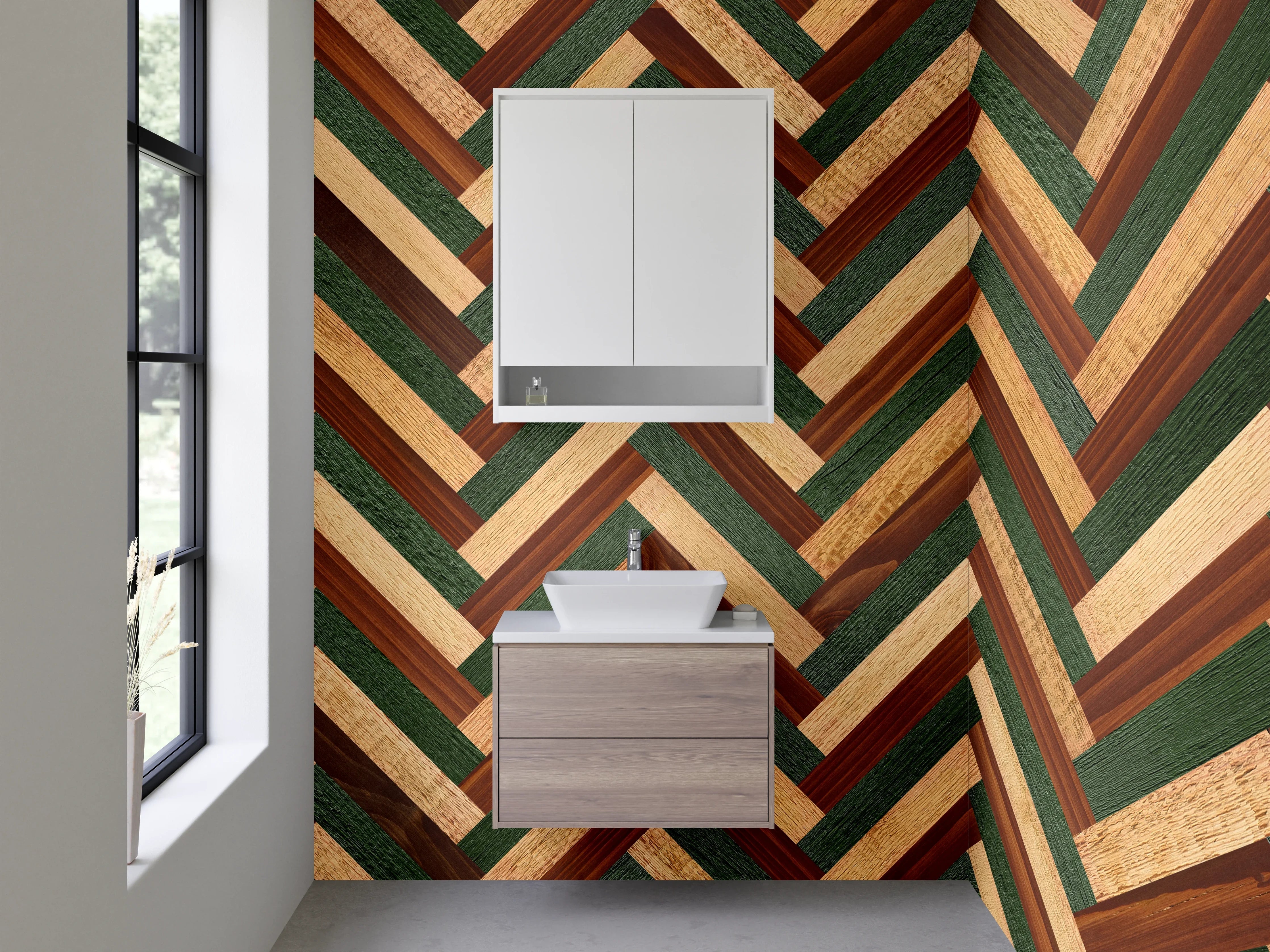 Waschbecken-Rückwand - Vintage-Holzdesign mit grünen Akzenten