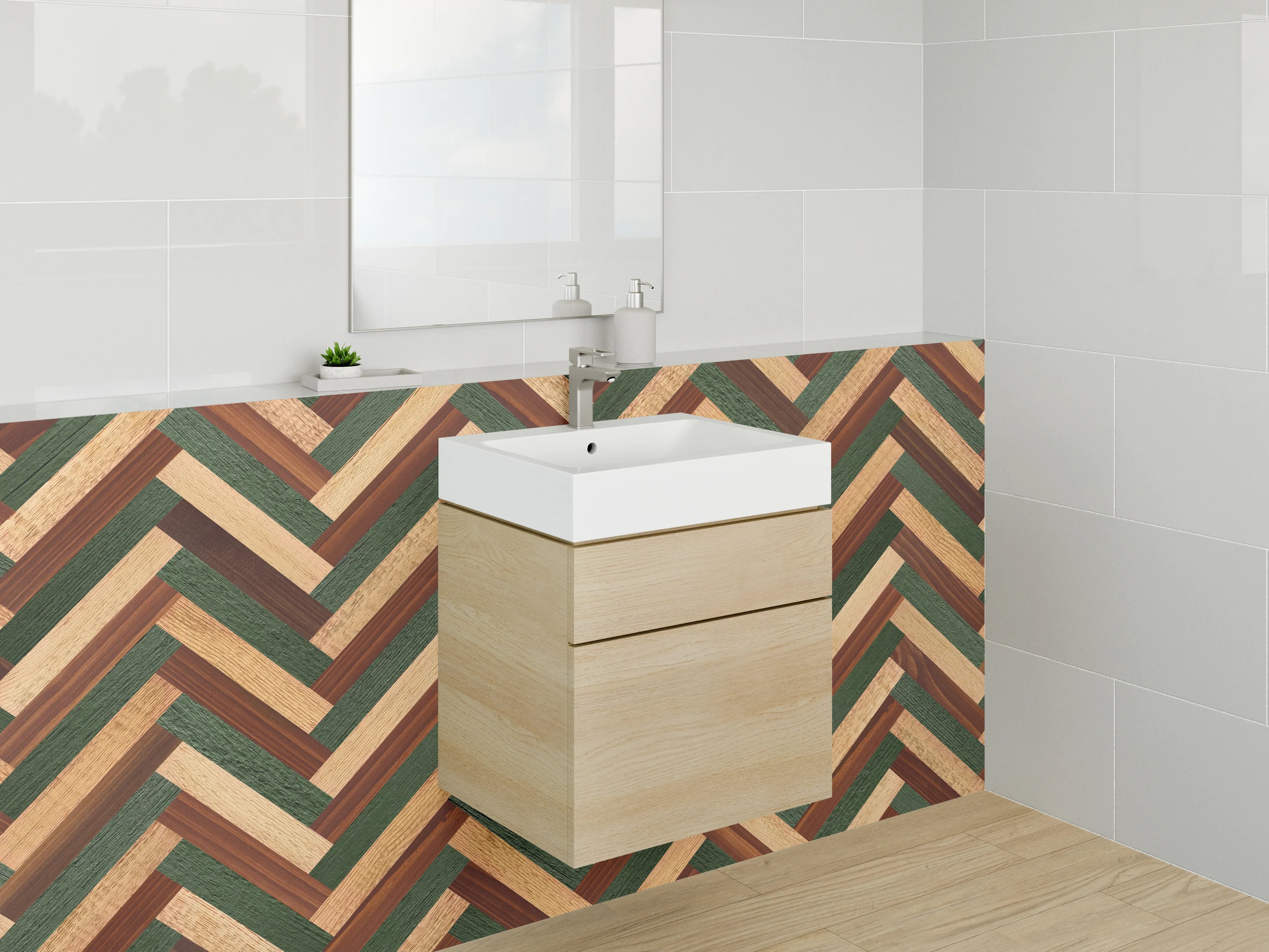 Waschbecken-Rückwand - Vintage-Holzdesign mit grünen Akzenten
