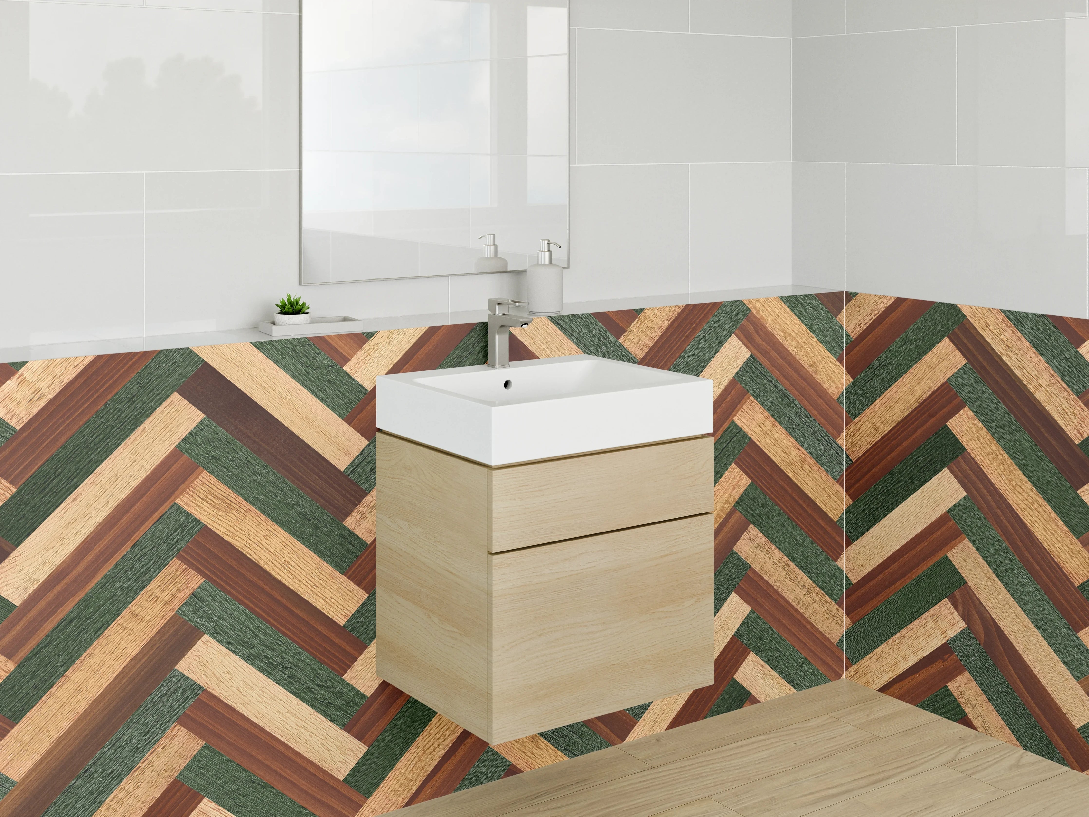 Waschbecken-Rückwand - Vintage-Holzdesign mit grünen Akzenten