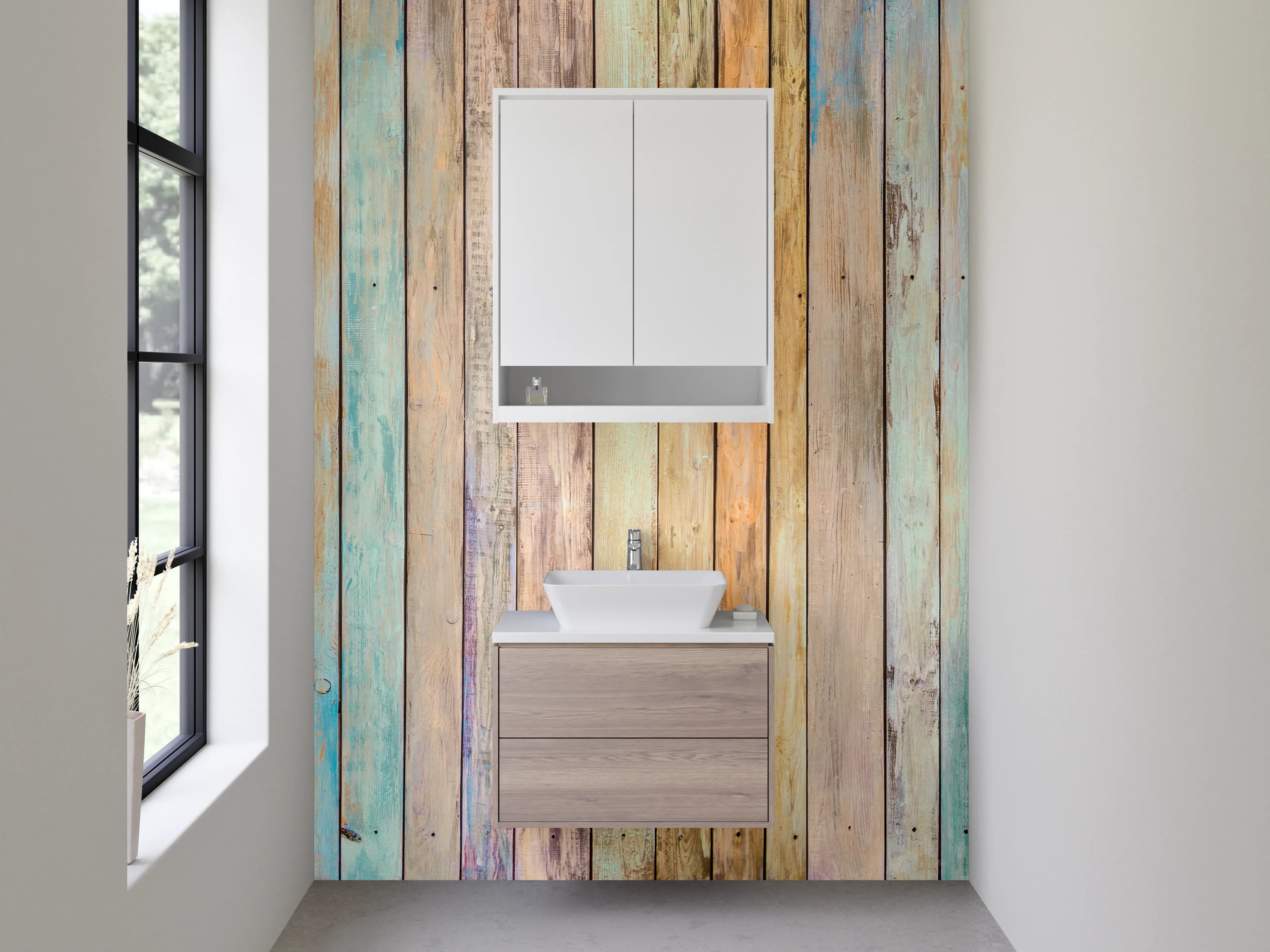 Waschbecken-Rückwand - Vintage Holzoptik bunt Pastell