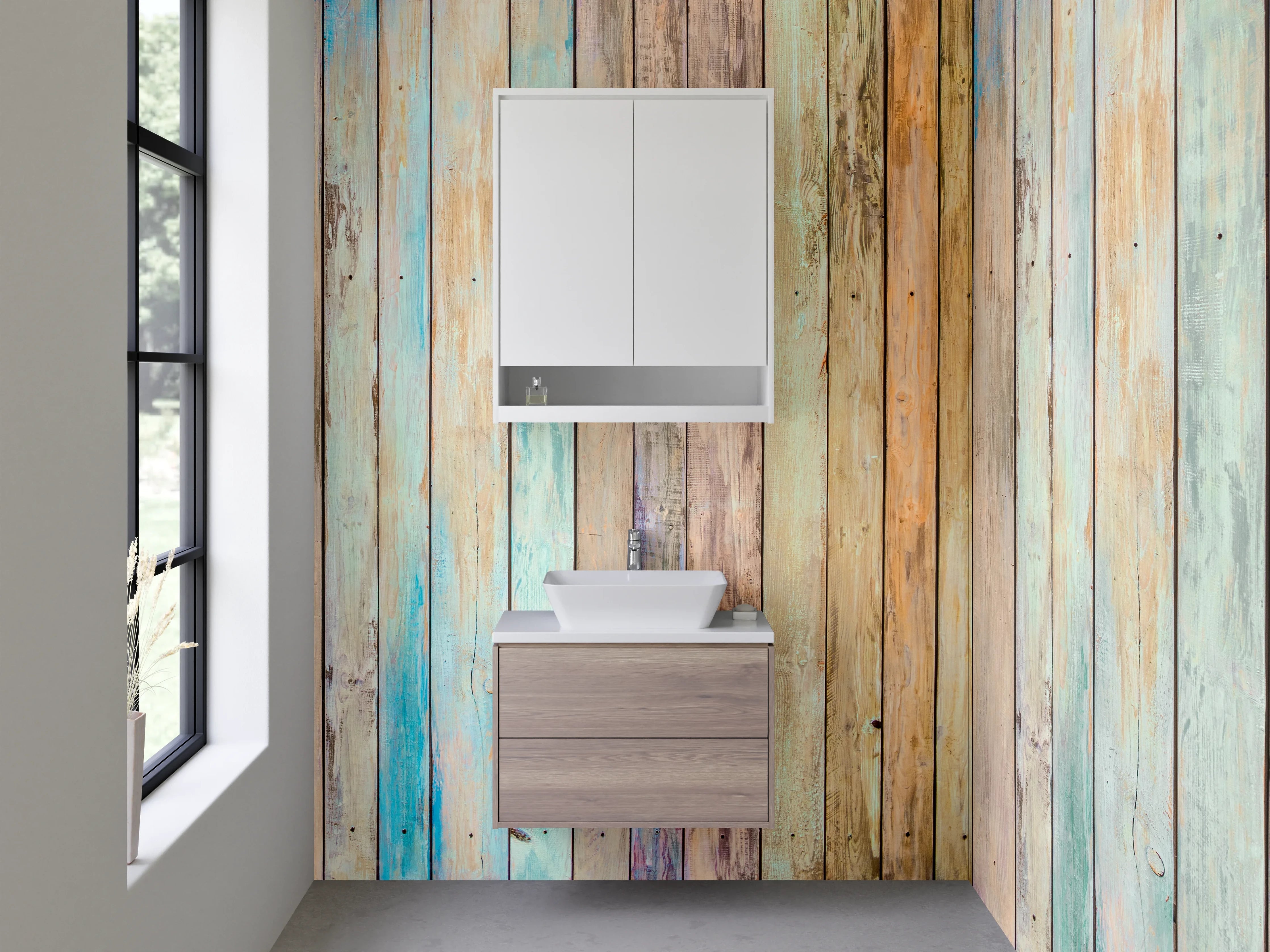 Waschbecken-Rückwand - Vintage Holzoptik bunt Pastell