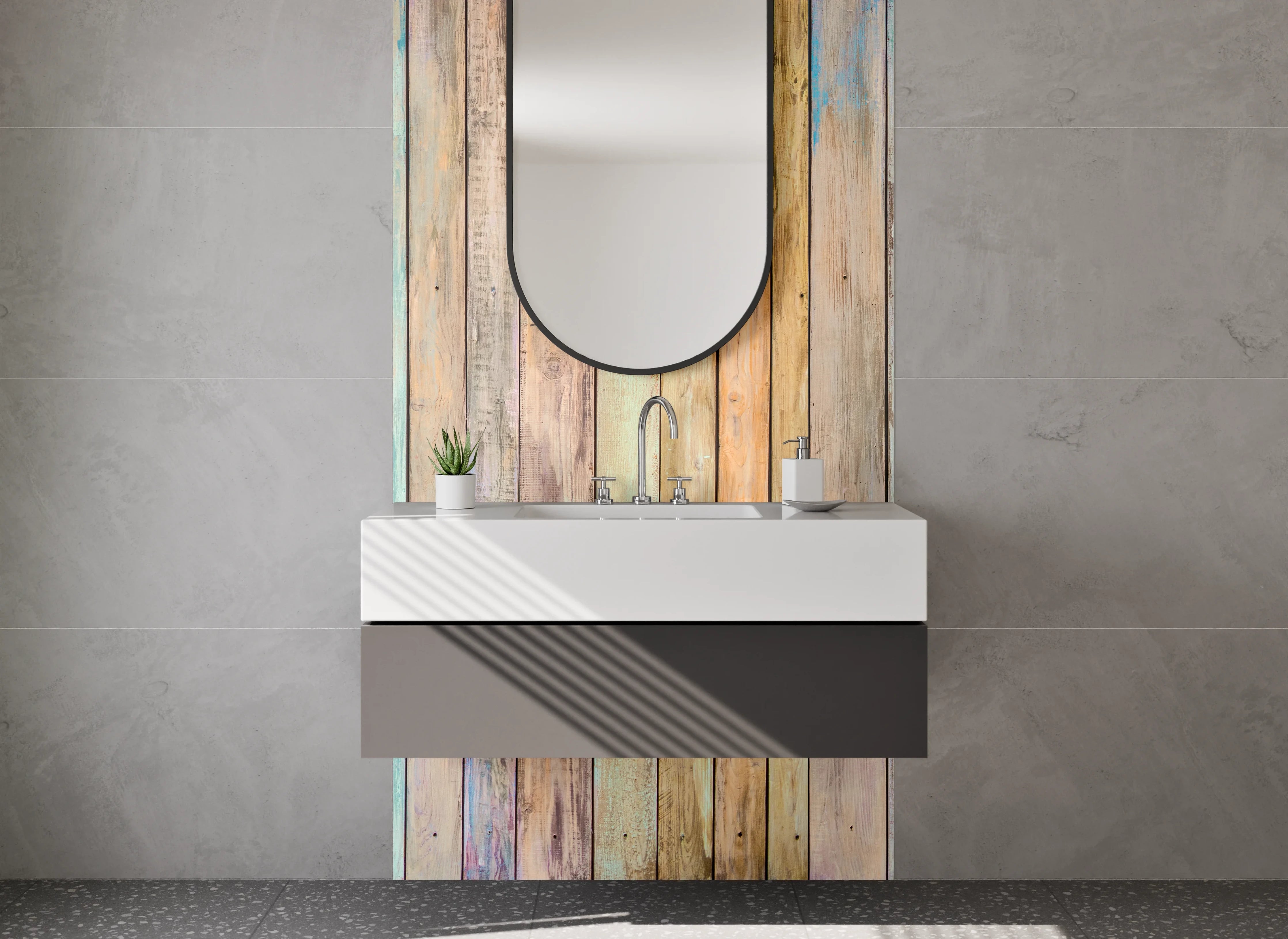 Waschbecken-Rückwand - Vintage Holzoptik bunt Pastell